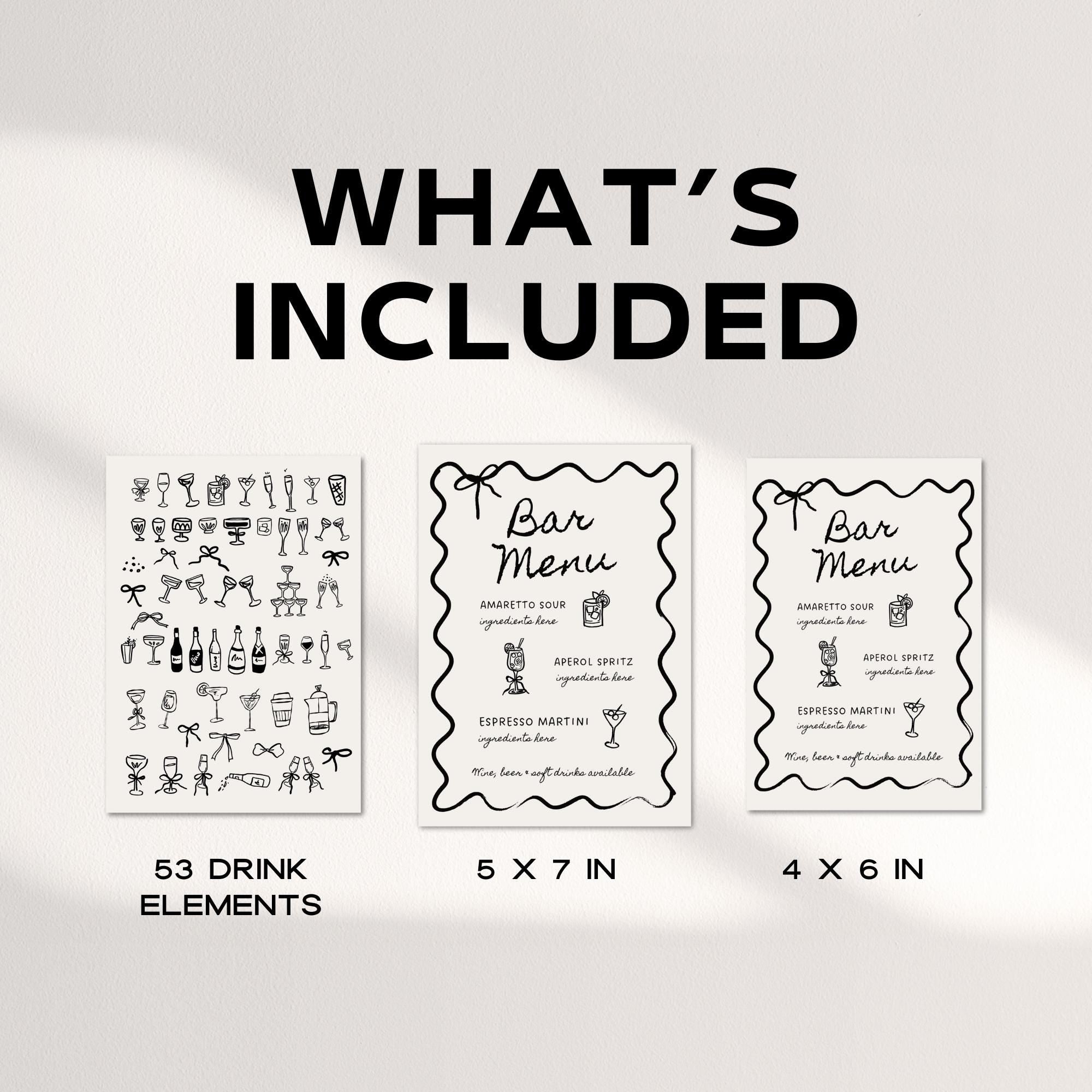 Hand-Drawn Wedding Bar Menu Sign Template – Wavy Border Open Bar Sign & SVG Drink Icons (Editable Canva DIY)