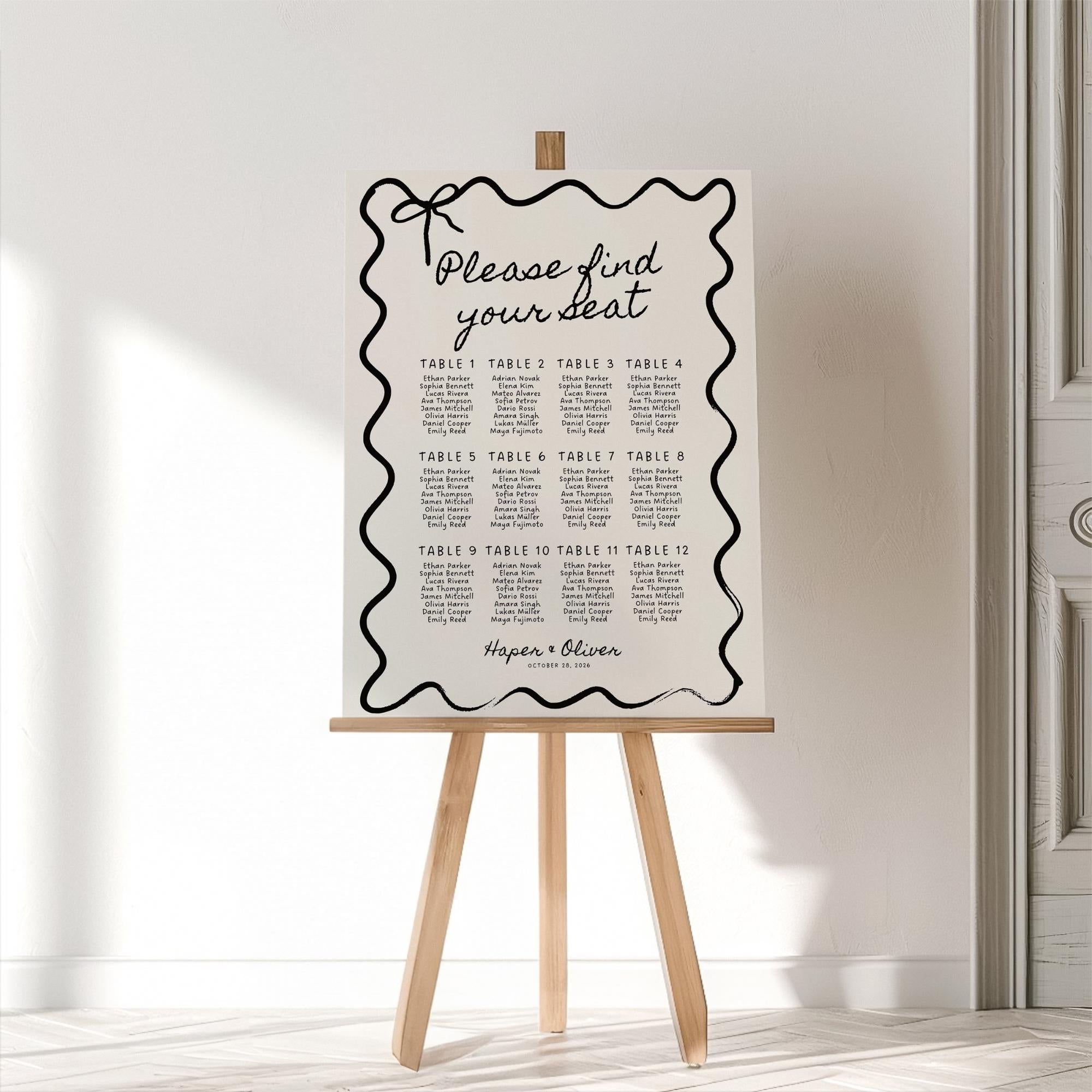 Wavy Bow Wedding Seating Chart Template – Editable Table Seating Sign Canva DIY
