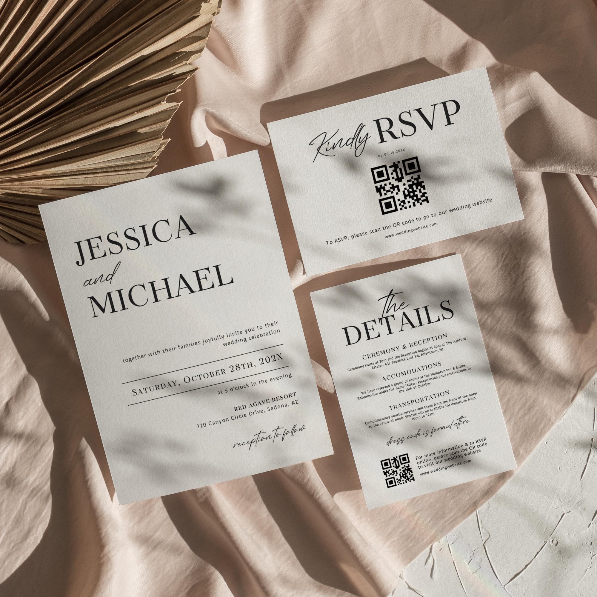 Minimalist Wedding Invitation Suite Template – Modern Invitation, QR Code RSVP & Details Card Bundle