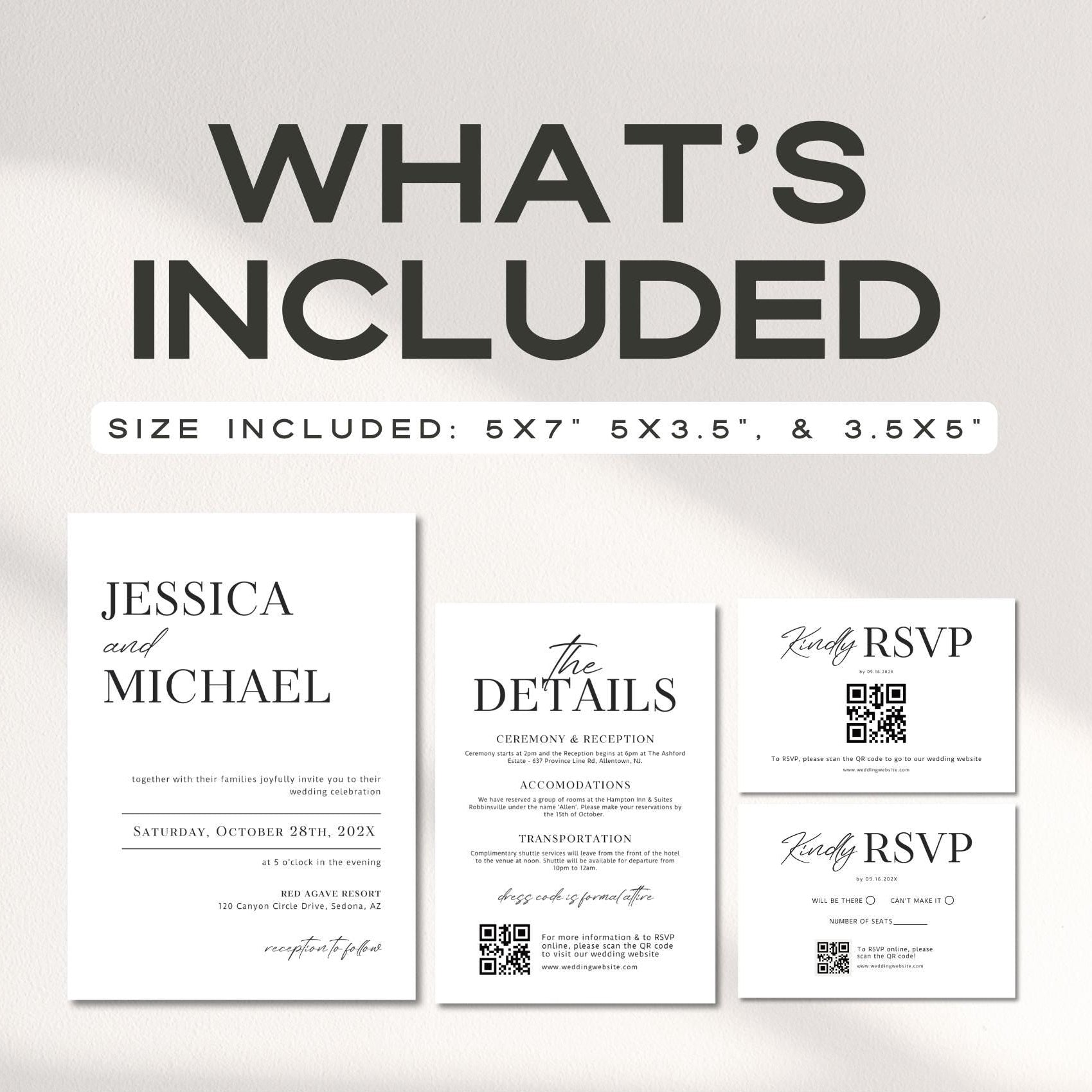 Minimalist Wedding Invitation Suite Template – Modern Invitation, QR Code RSVP & Details Card Bundle