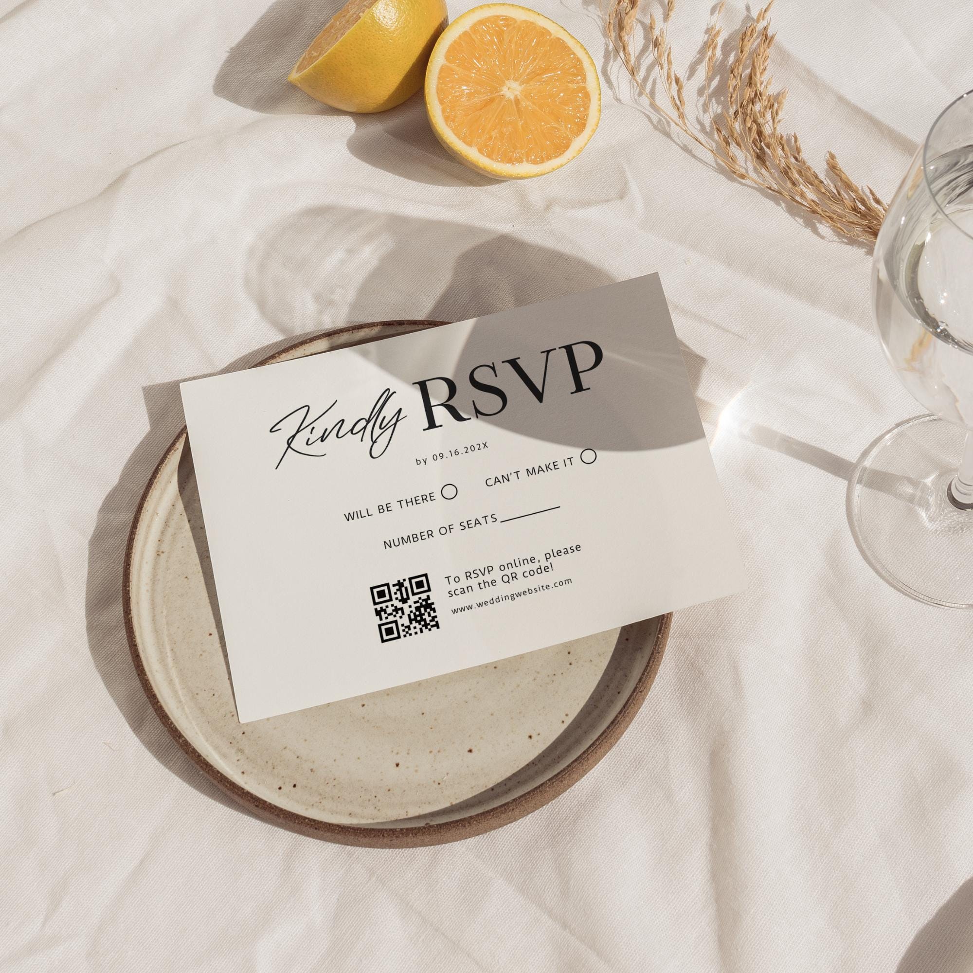 Minimalist Wedding Invitation Suite Template – Modern Invitation, QR Code RSVP & Details Card Bundle