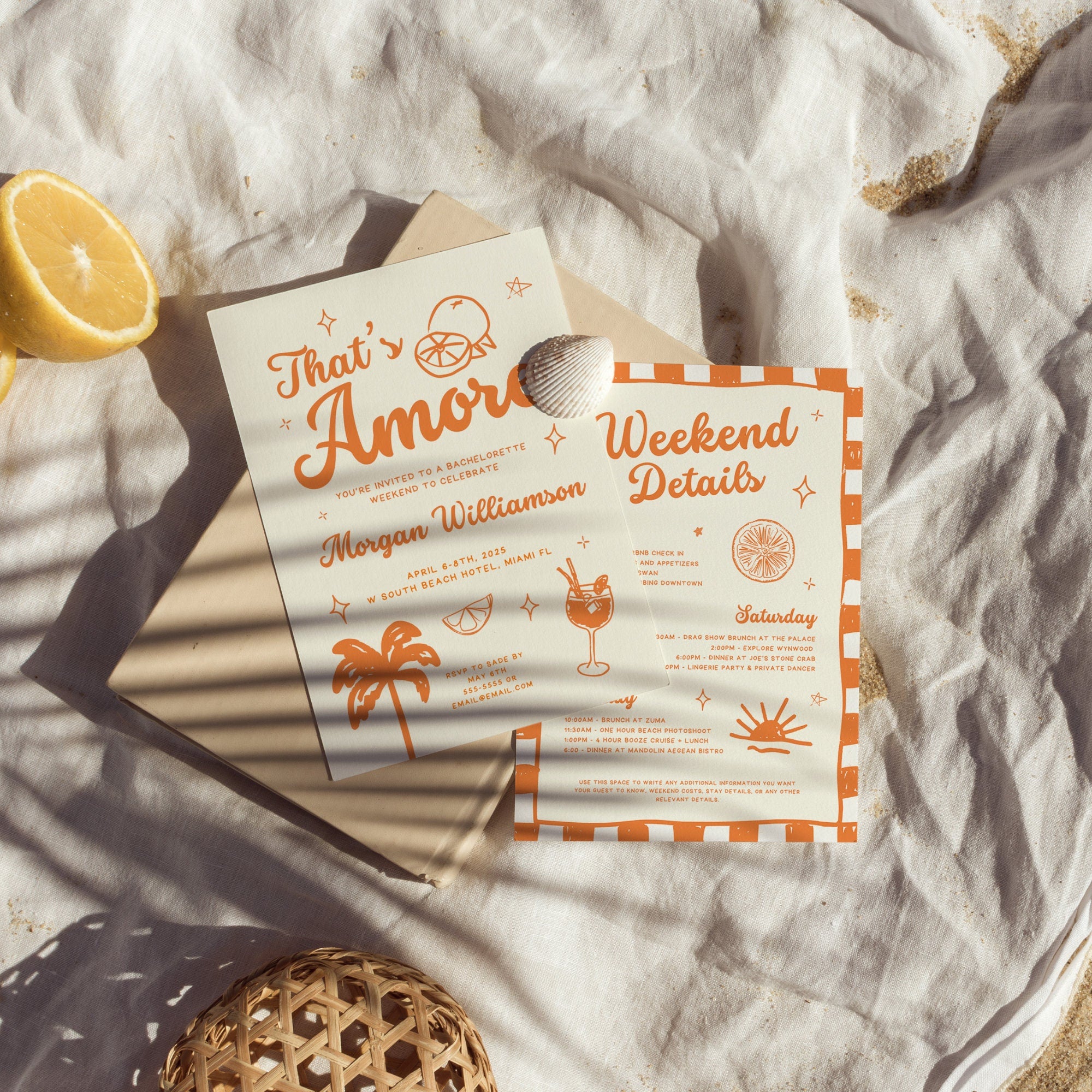 Orange “That’s Amore” Bachelorette Invitation, Itinerary & Packing List – Editable Canva Template