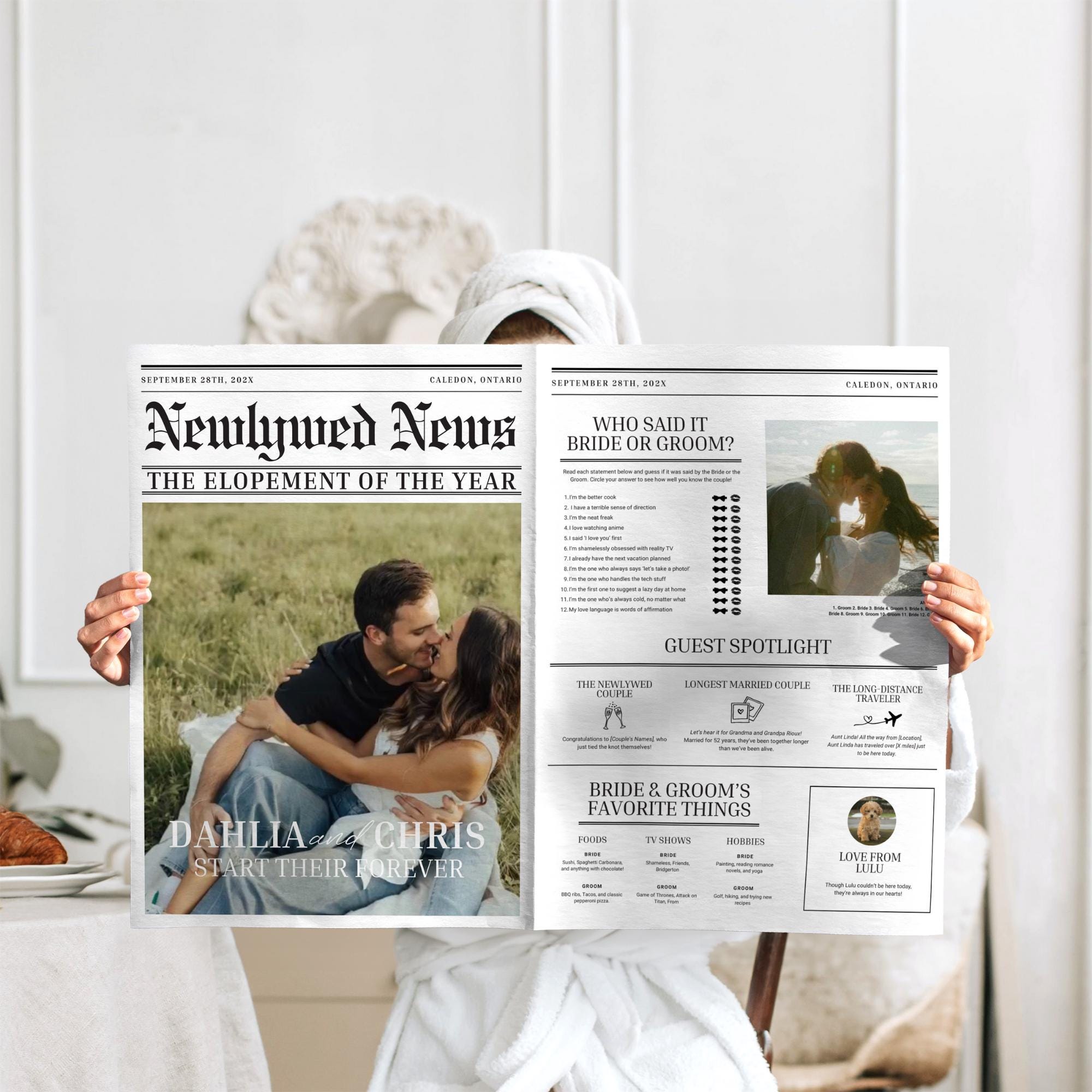 Photo Wedding Newspaper Template – Editable Newspaper Program & Save the Date Canva