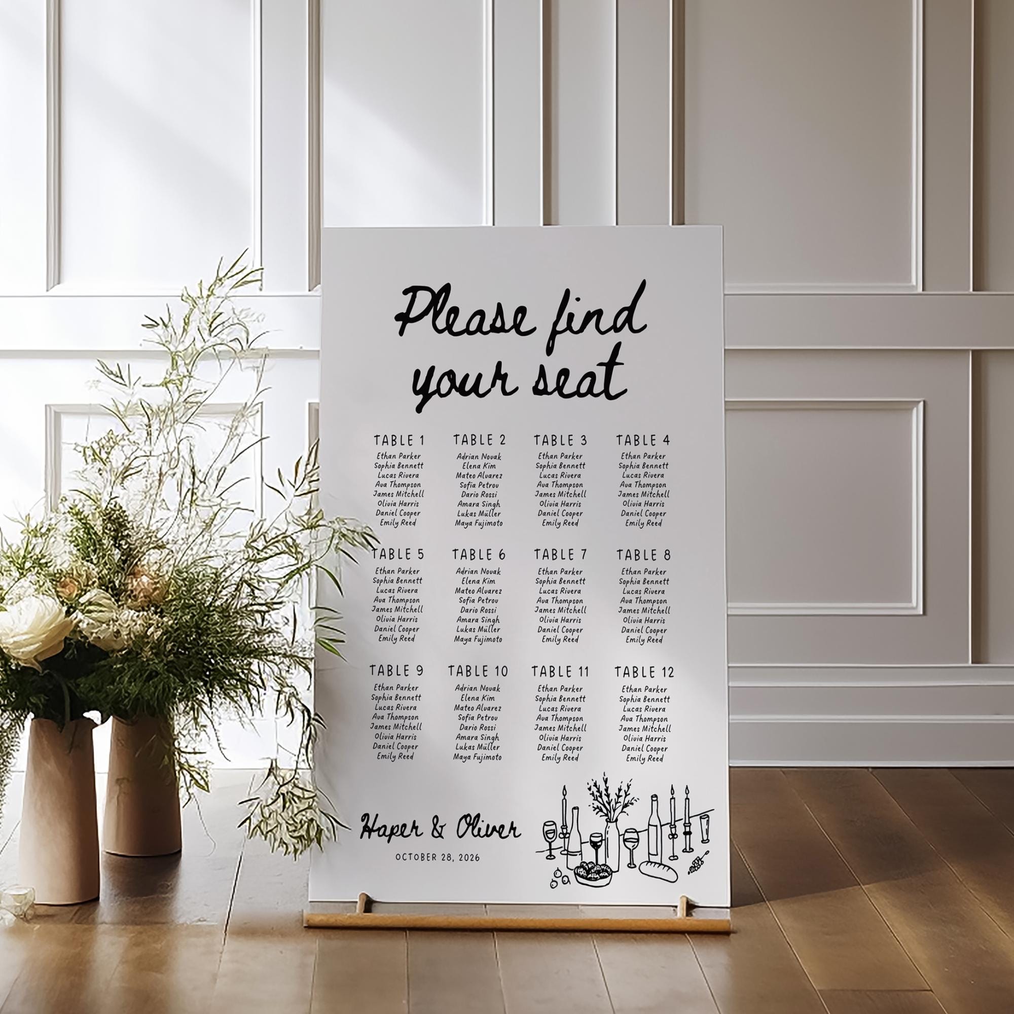 Whimsical Wedding Seating Chart Template – Hand-Drawn Editable Table Layout Canva Sign