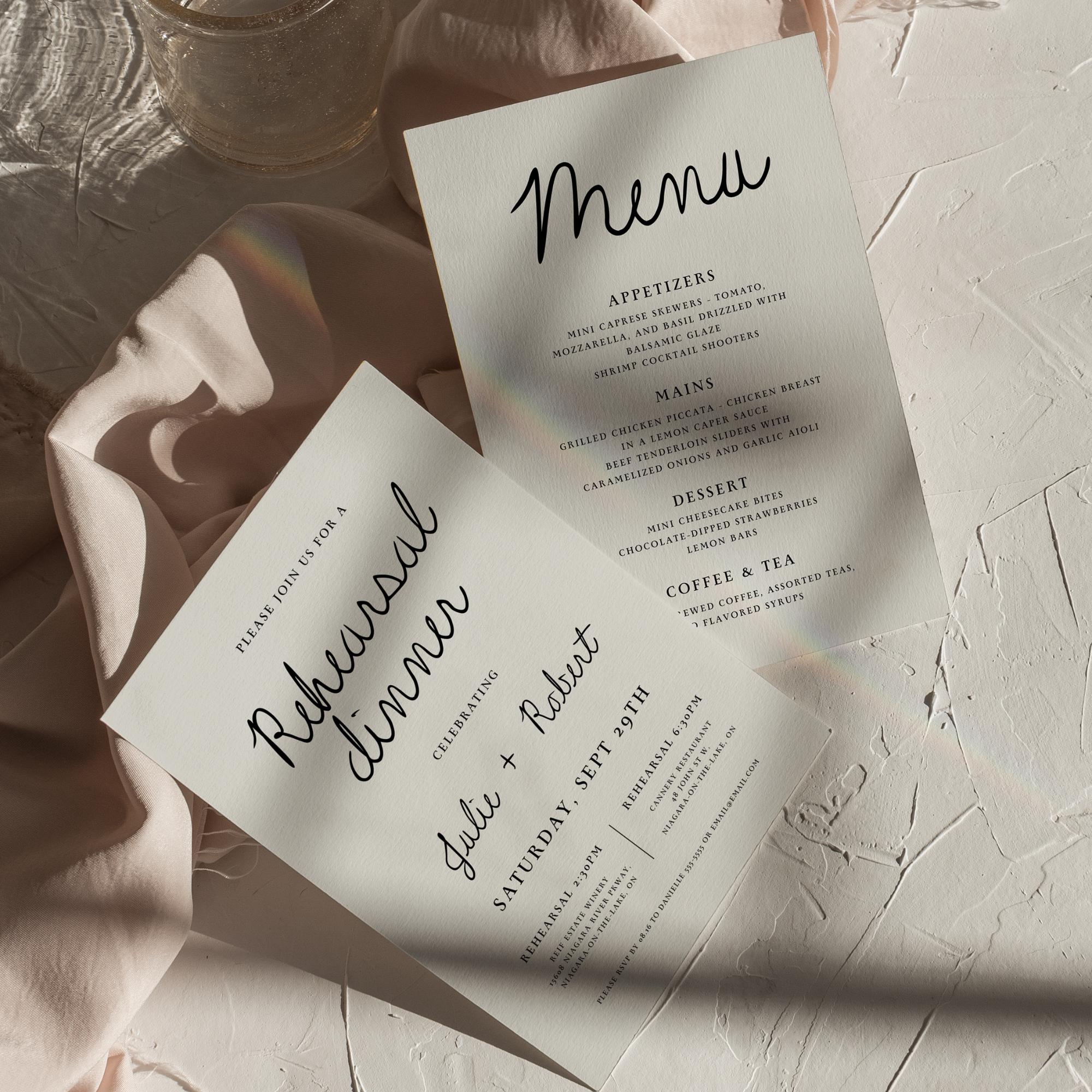 Minimal Rehearsal Dinner Invitation & Menu – Editable Canva Template with Hand-Drawn Details