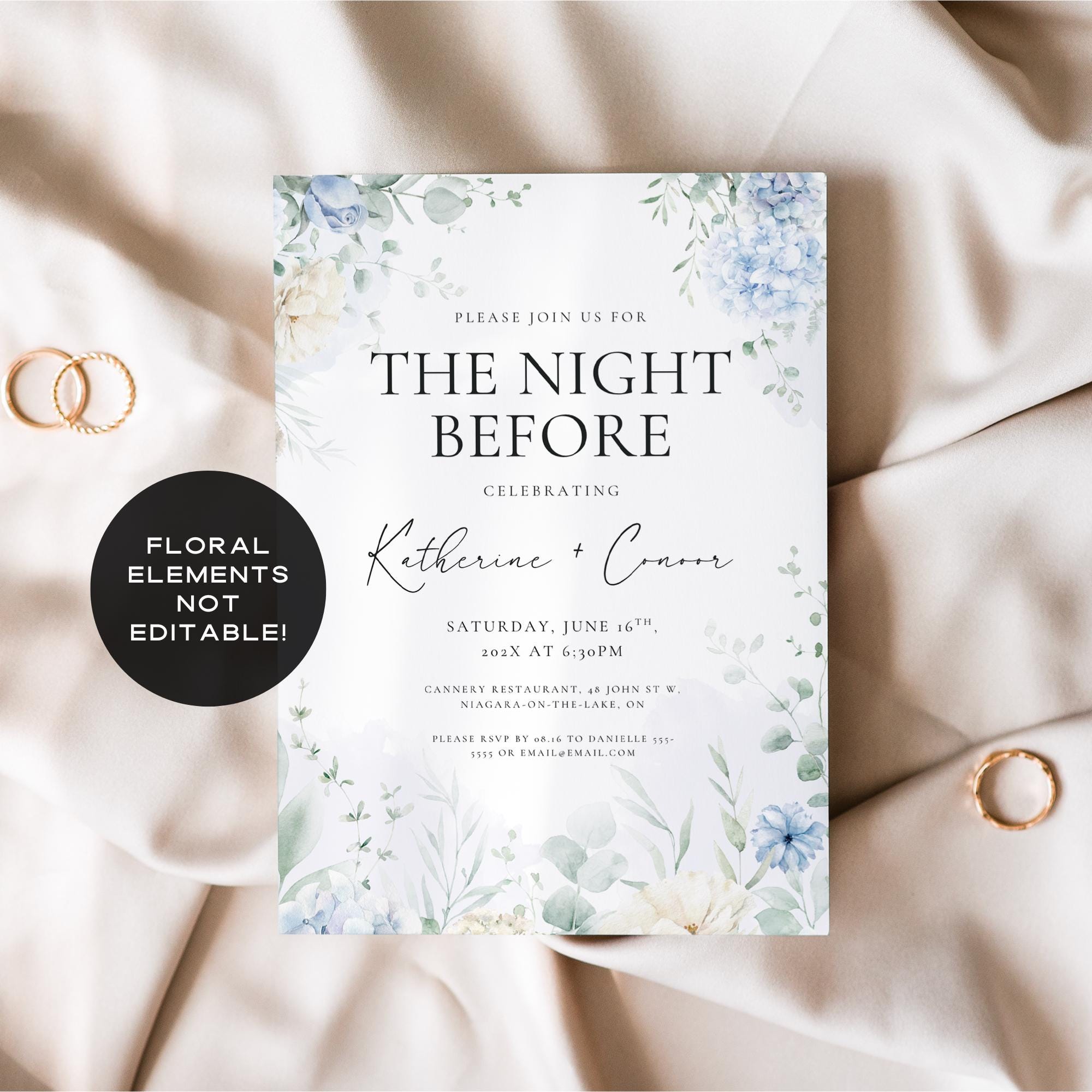 Dusty Blue Floral Rehearsal Dinner Invitation Template – Editable “The Night Before” Canva Design