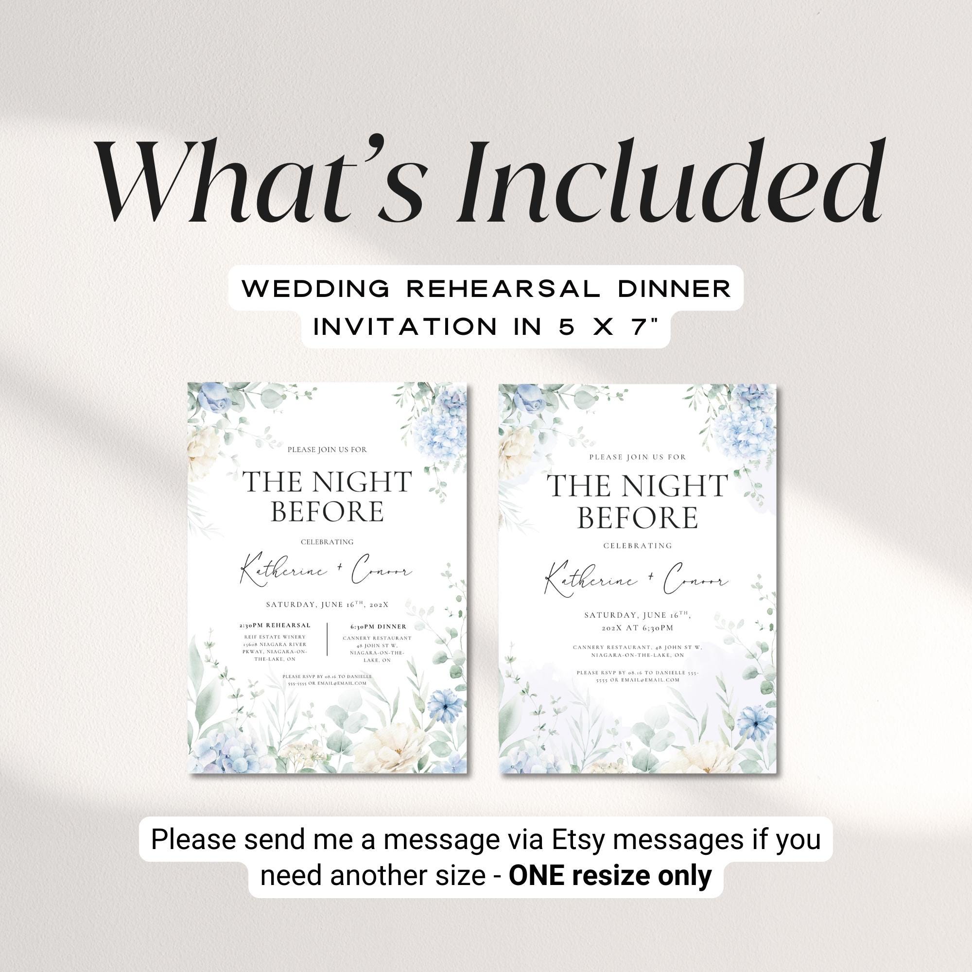 Dusty Blue Floral Rehearsal Dinner Invitation Template – Editable “The Night Before” Canva Design