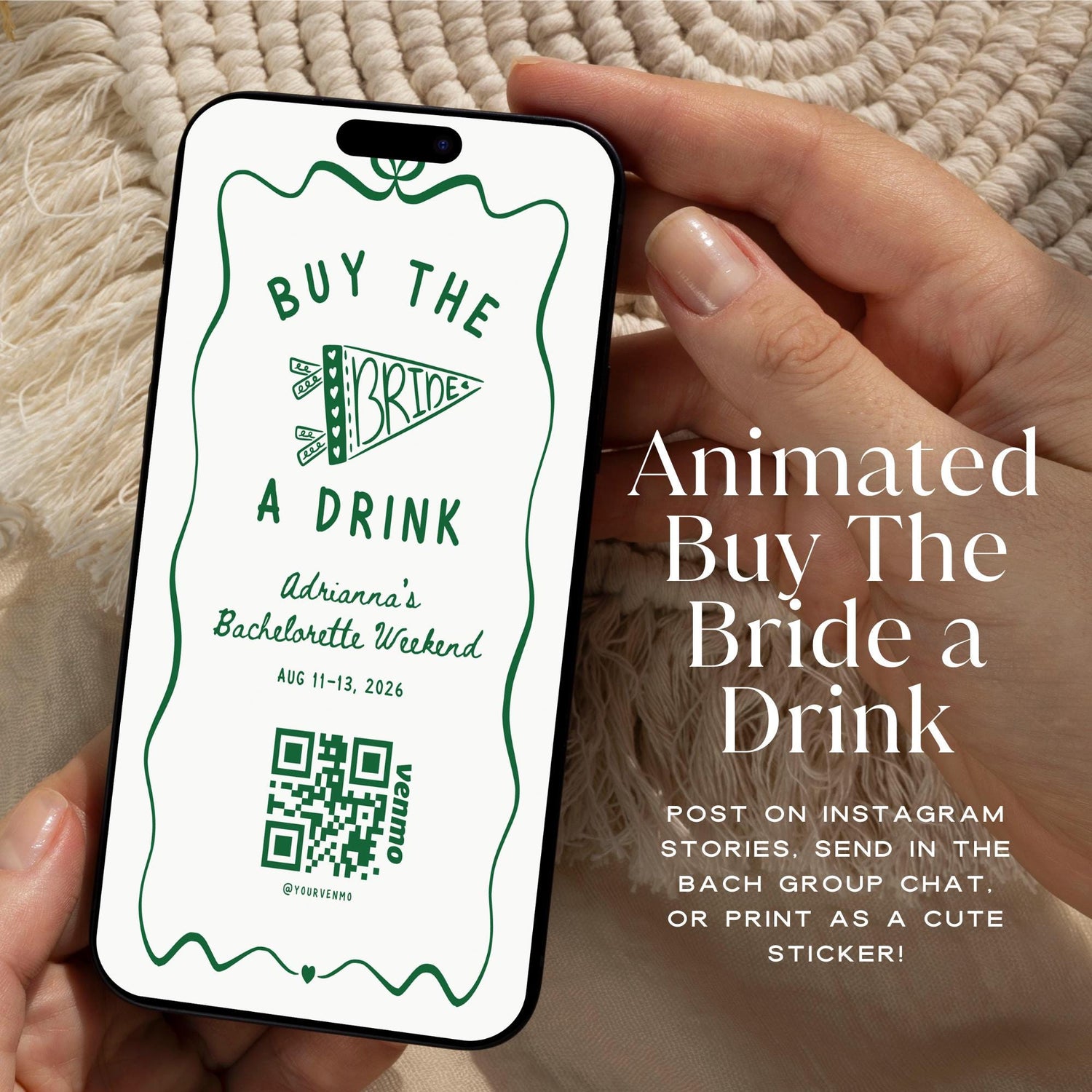 Buy the Bride a Drink Instagram Story – Venmo QR Camp Bachelorette Canva Template