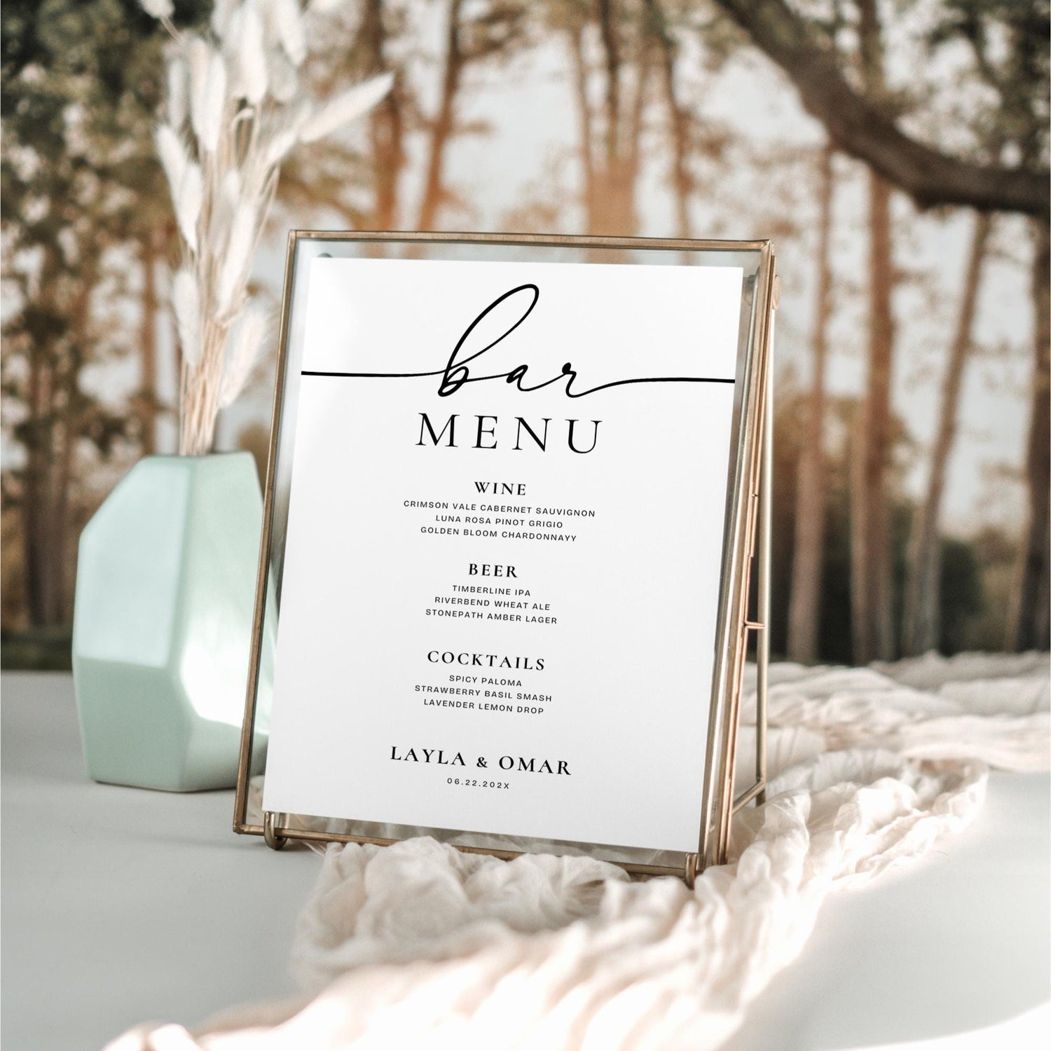 Minimalist Bar Menu Sign Template – Editable Wedding Cocktail Menu Canva