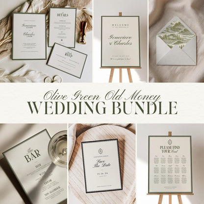 Olive Green Old Money Wedding Stationery Bundle – Elegant Luxury Canva Templates – Complete Wedding Suite