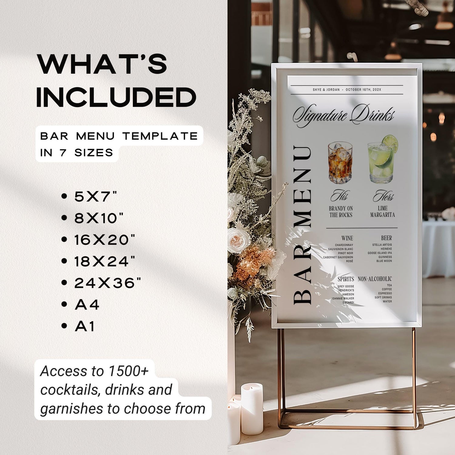 Signature Drink Sign – Old Money Wedding Bar Menu Template, His &amp; Hers Cocktail Canva DIY
