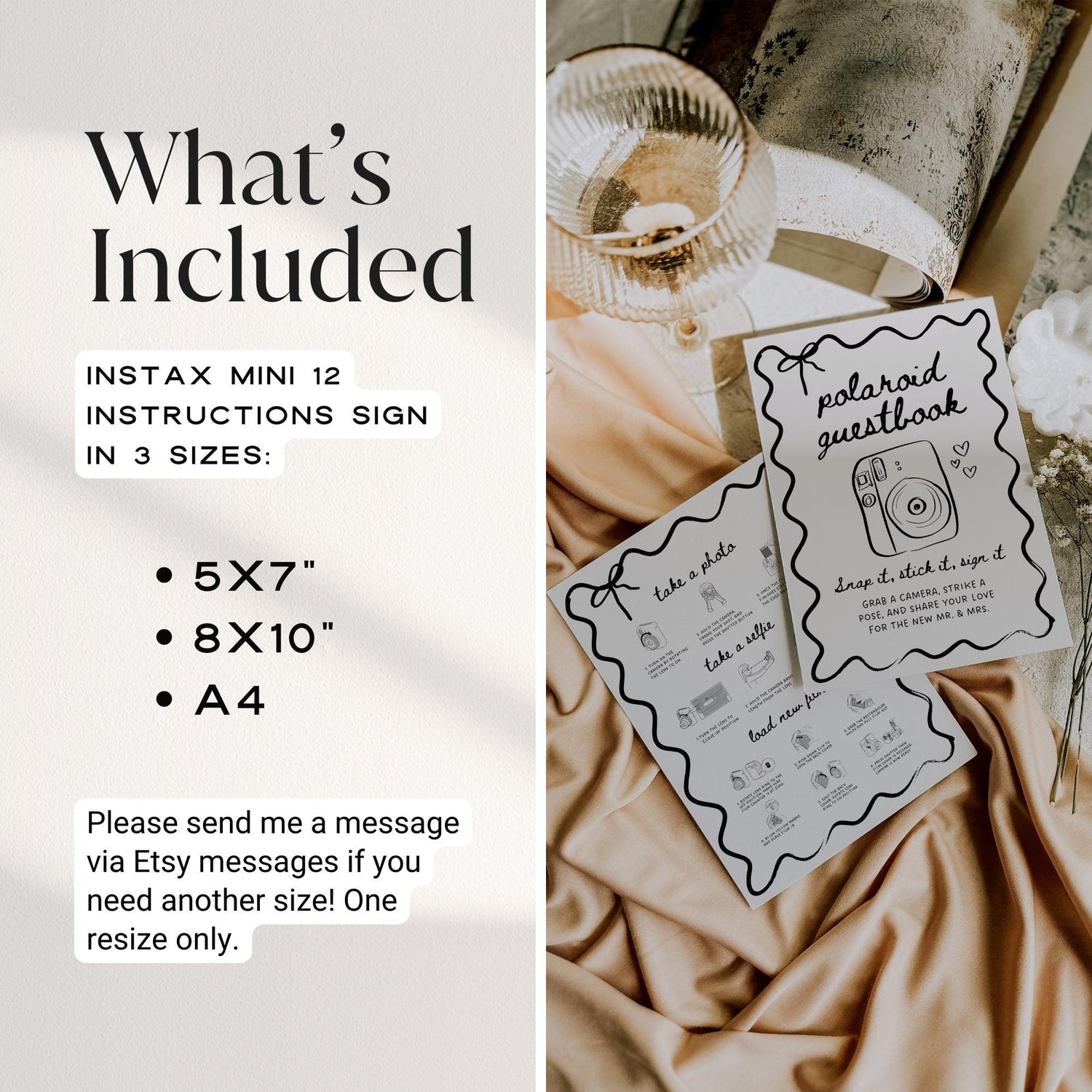 Instax Mini 12 Instructions Sign – Whimsical Polaroid Photo Guest Book Canva Template