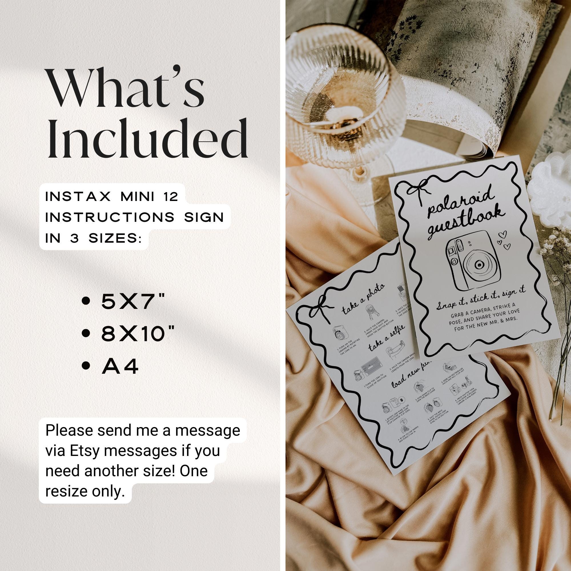 Instax Mini 12 Instructions Sign – Whimsical Polaroid Photo Guest Book Canva Template
