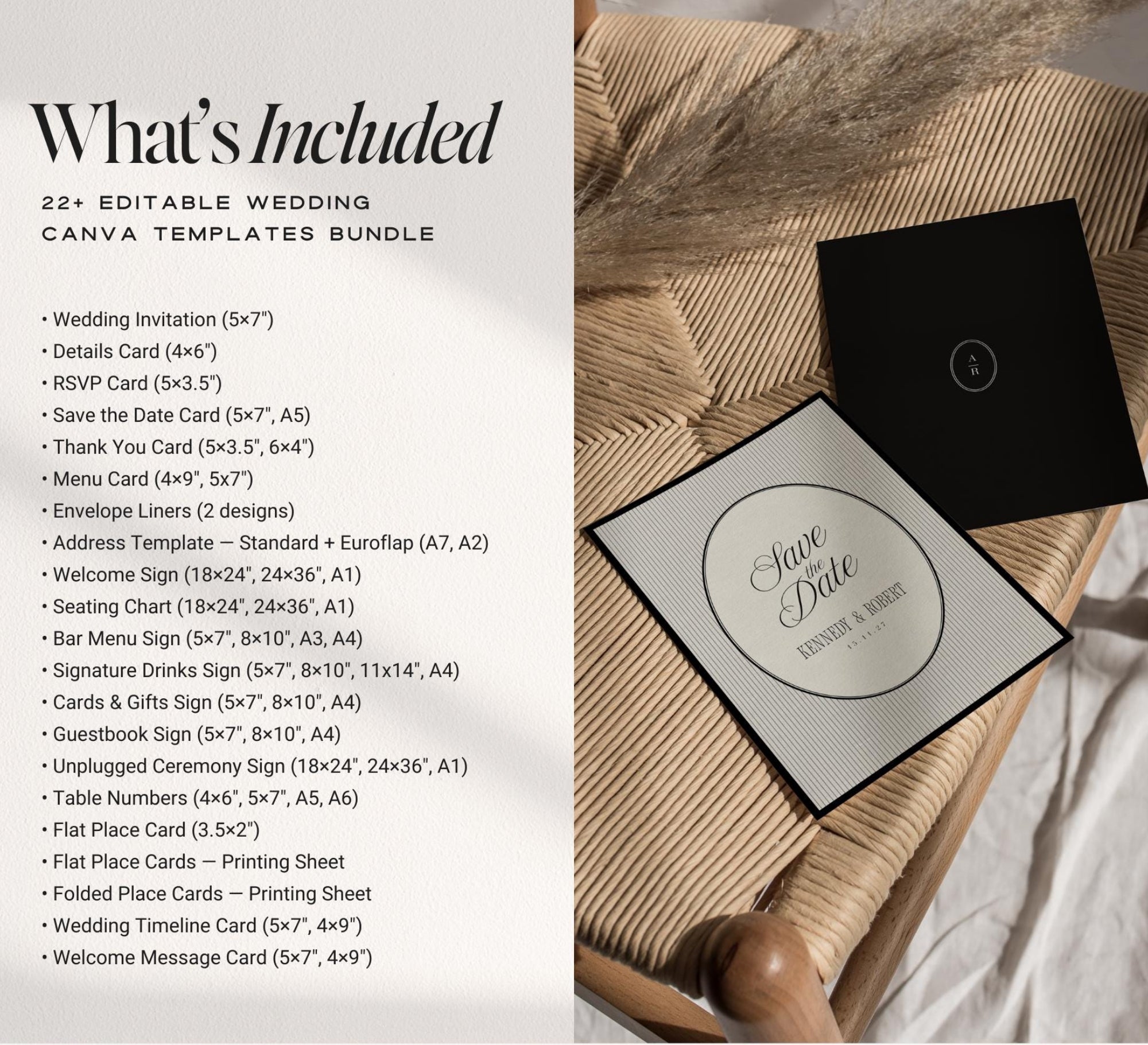 Black &amp; Ivory Wedding Bundle – Elegant Estate Wedding Canva Templates