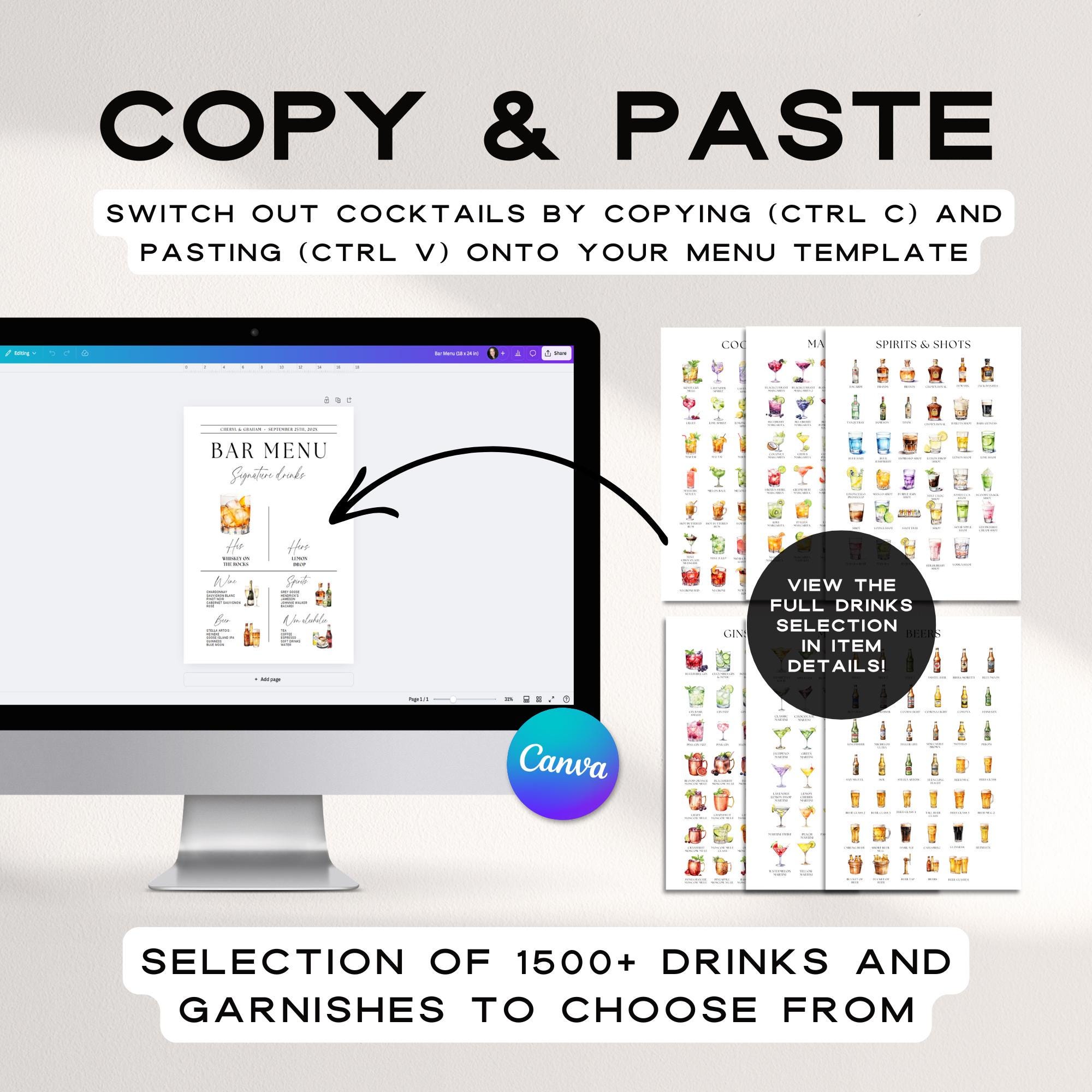 Signature Drink Sign – Old Money Wedding Bar Menu Template, His &amp; Hers Cocktail Canva DIY