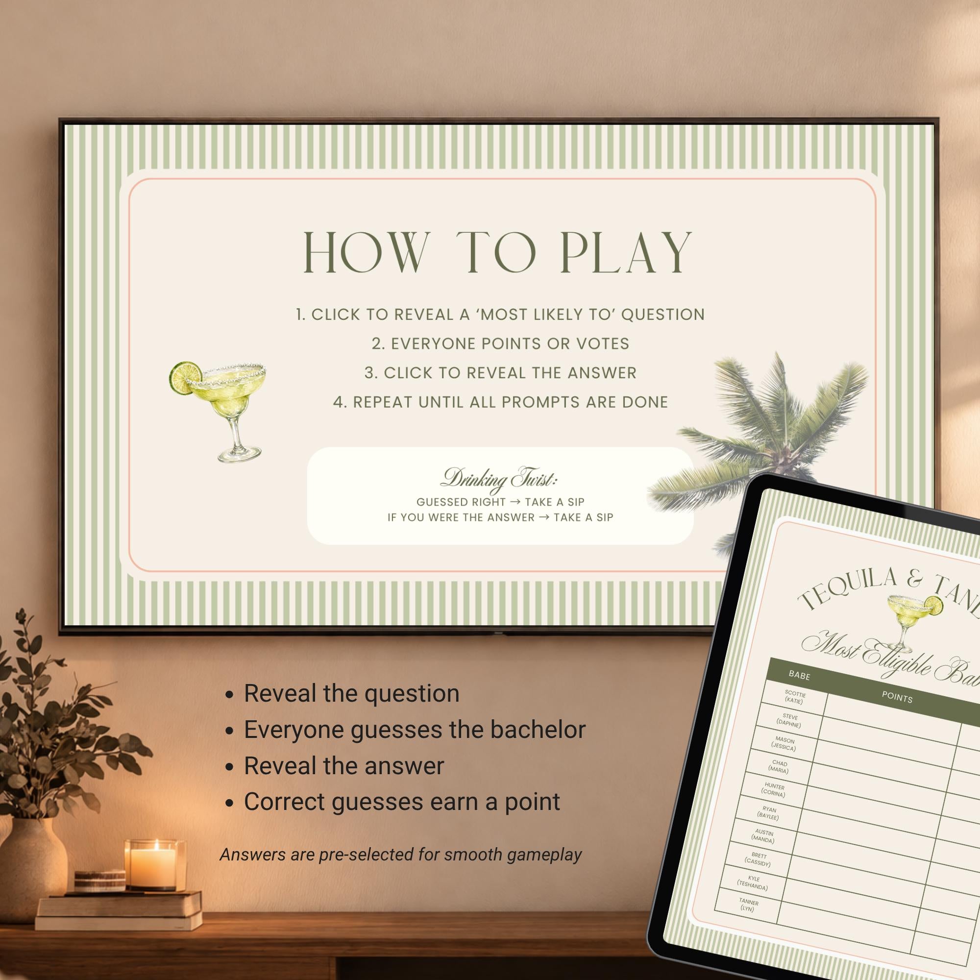 Tequila &amp; Tanlines Most Likely To Game | Animated Canva Bachelorette Game