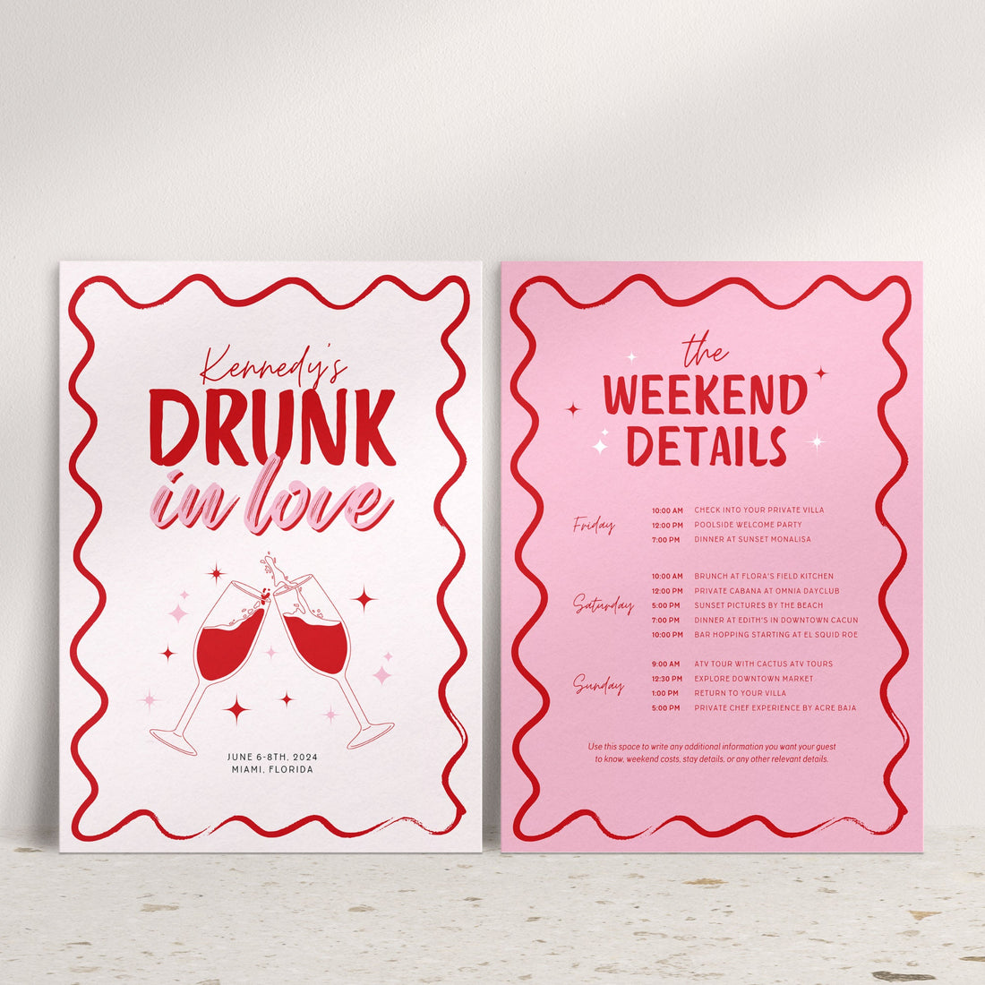 Drunk in Love Bachelorette Itinerary &amp; Invitation – Wavy Pink Girls Trip Canva Template