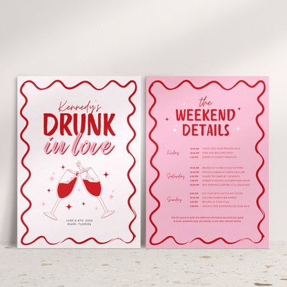 Drunk in Love Bachelorette Itinerary &amp; Invitation – Wavy Pink Girls Trip Canva Template