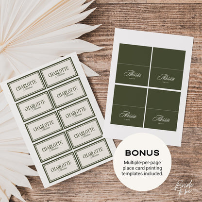 Old Money Wedding Menu &amp; Place Cards Set - Olive Green Elegant Canva Templates