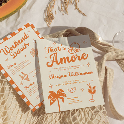 Orange “That’s Amore” Bachelorette Invitation, Itinerary &amp; Packing List – Editable Canva Template