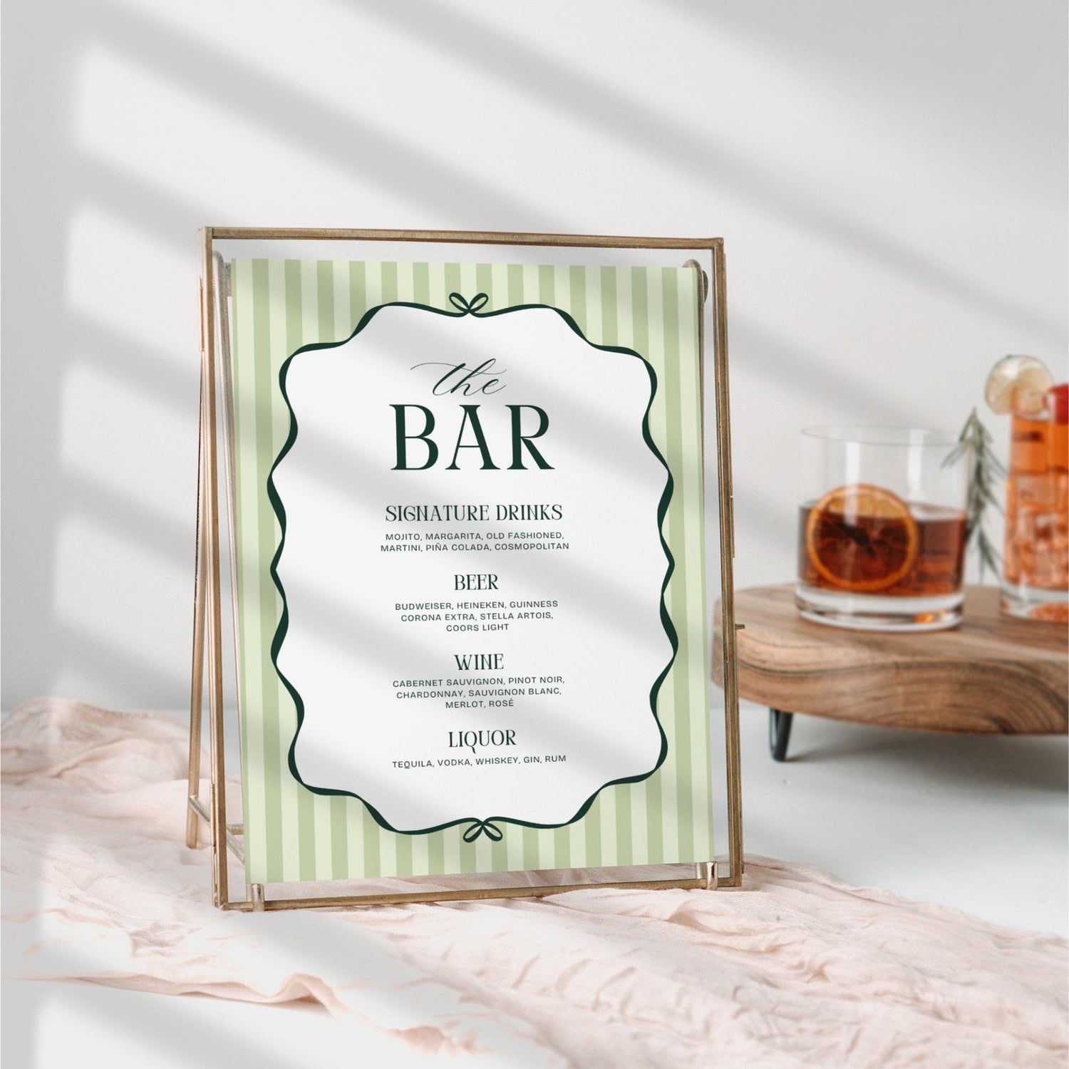 Old Money Aesthetic Bar Menu Sign – Elegant Striped Wedding Bar Sign Canva Template