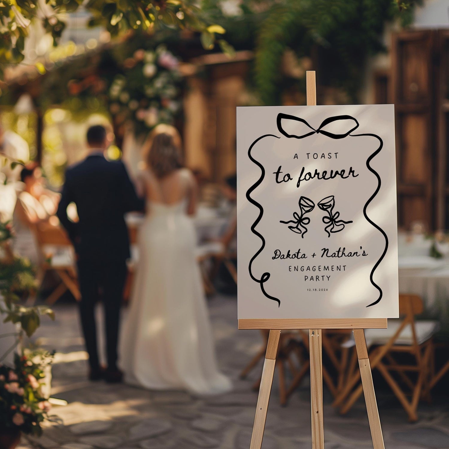 Wavy Bow Engagement Party Welcome Sign – Whimsical Hand-Drawn Champagne Canva Template
