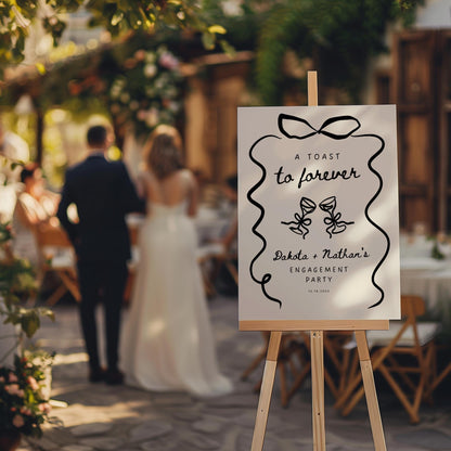Wavy Bow Engagement Party Welcome Sign – Whimsical Hand-Drawn Champagne Canva Template