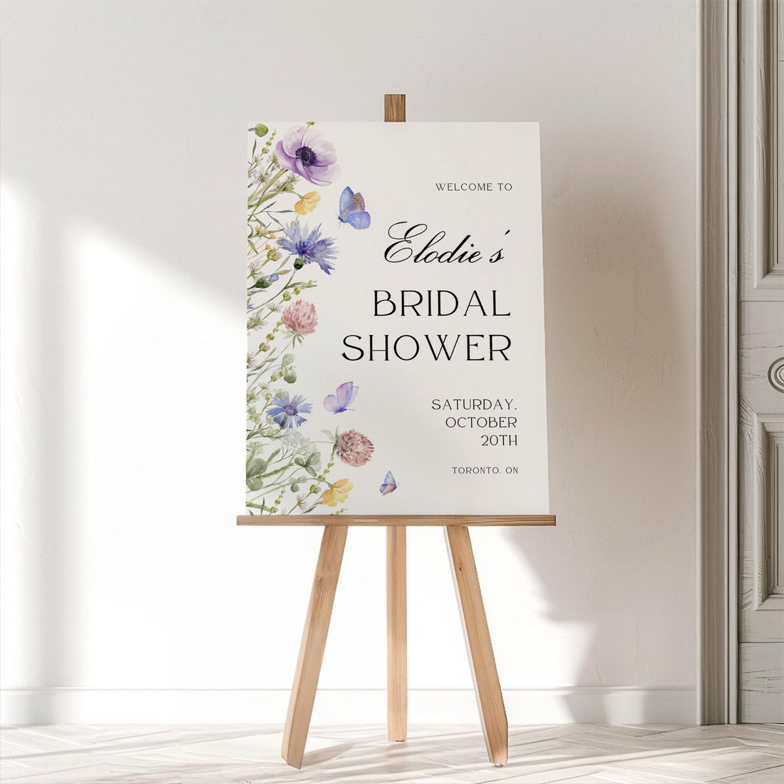 Wildflower Bridal Shower Welcome Sign – Editable Butterfly Floral Welcome Sign Canva Template