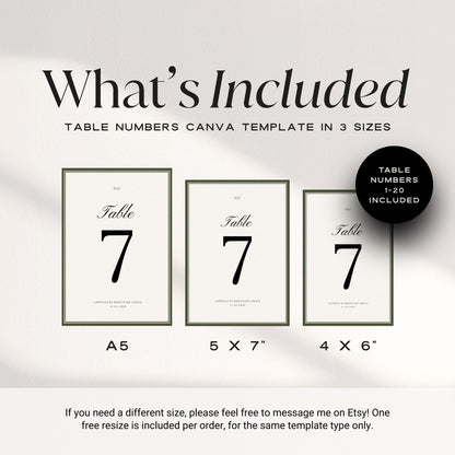 Old Money Olive Green Table Numbers 1–20 – Elegant Classic Wedding Table Cards – Editable Canva Template