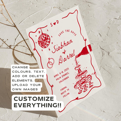 Save The Date &amp; Rehearsal Dinner Invitation Template – Hand-Drawn Wedding Canva Design
