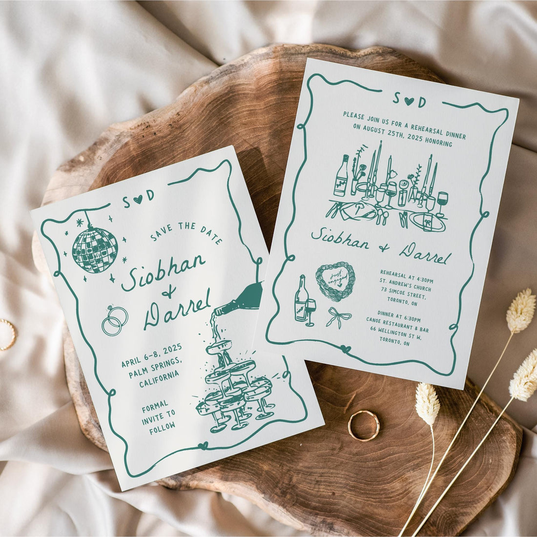 Save The Date &amp; Rehearsal Dinner Invitation Template – Hand-Drawn Wedding Canva Design