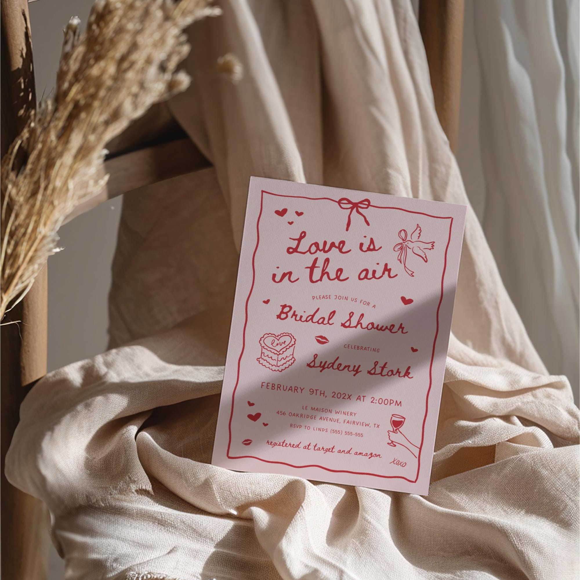 Valentine Bridal Shower Invitation – Pink “Love Is In The Air” Editable Canva Template