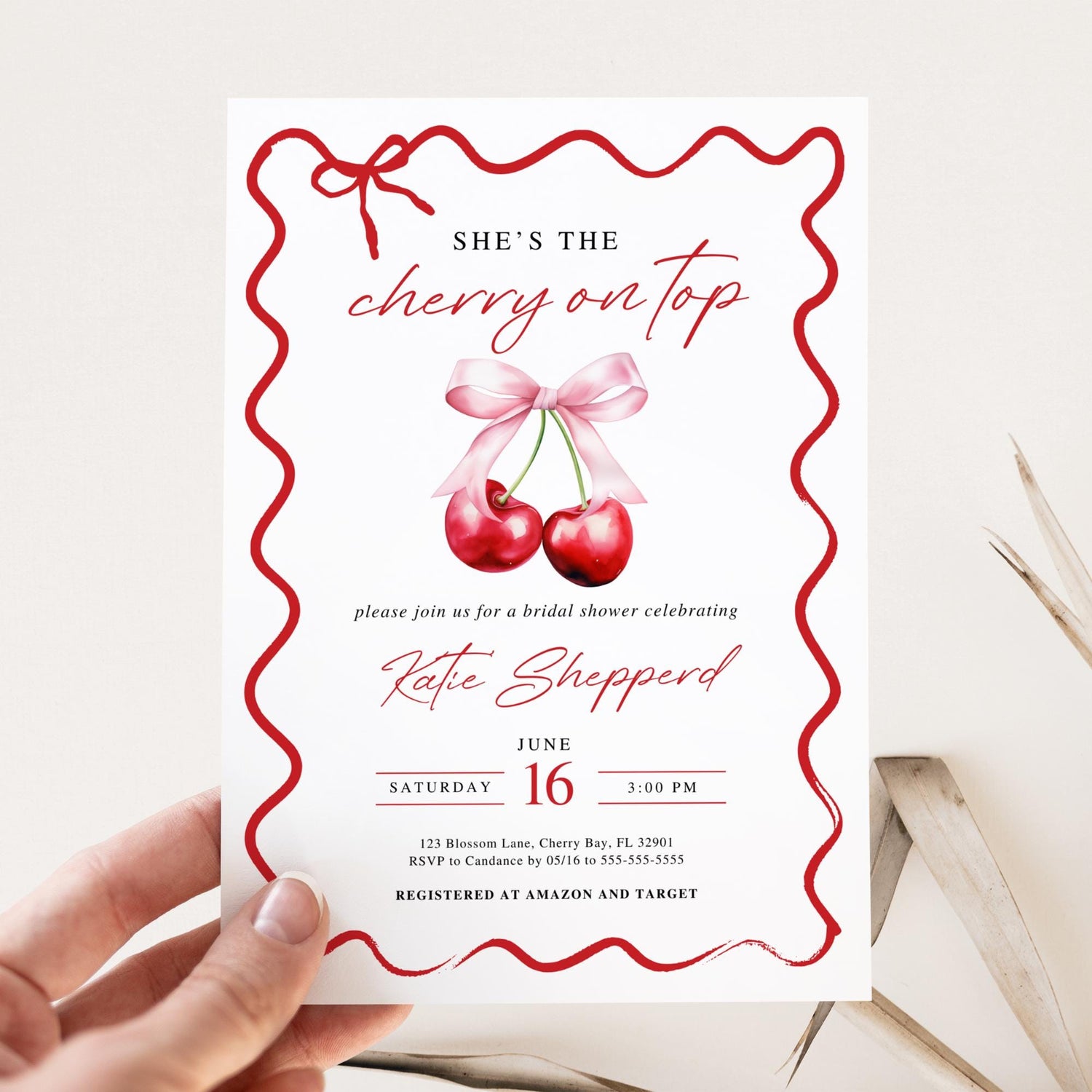 Cherry On Top Bridal Shower Invitation Template, Pink Bridal Shower Invite, Cherry Bridal Brunch Invitation, Wedding Shower Invitations DIY