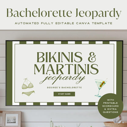 Bikinis and Martinis Bachelorette Jeopardy Game Template, Bach Drinking Game Hens Party, Martinis and Bikinis Bachelorette Trivia Game Canva