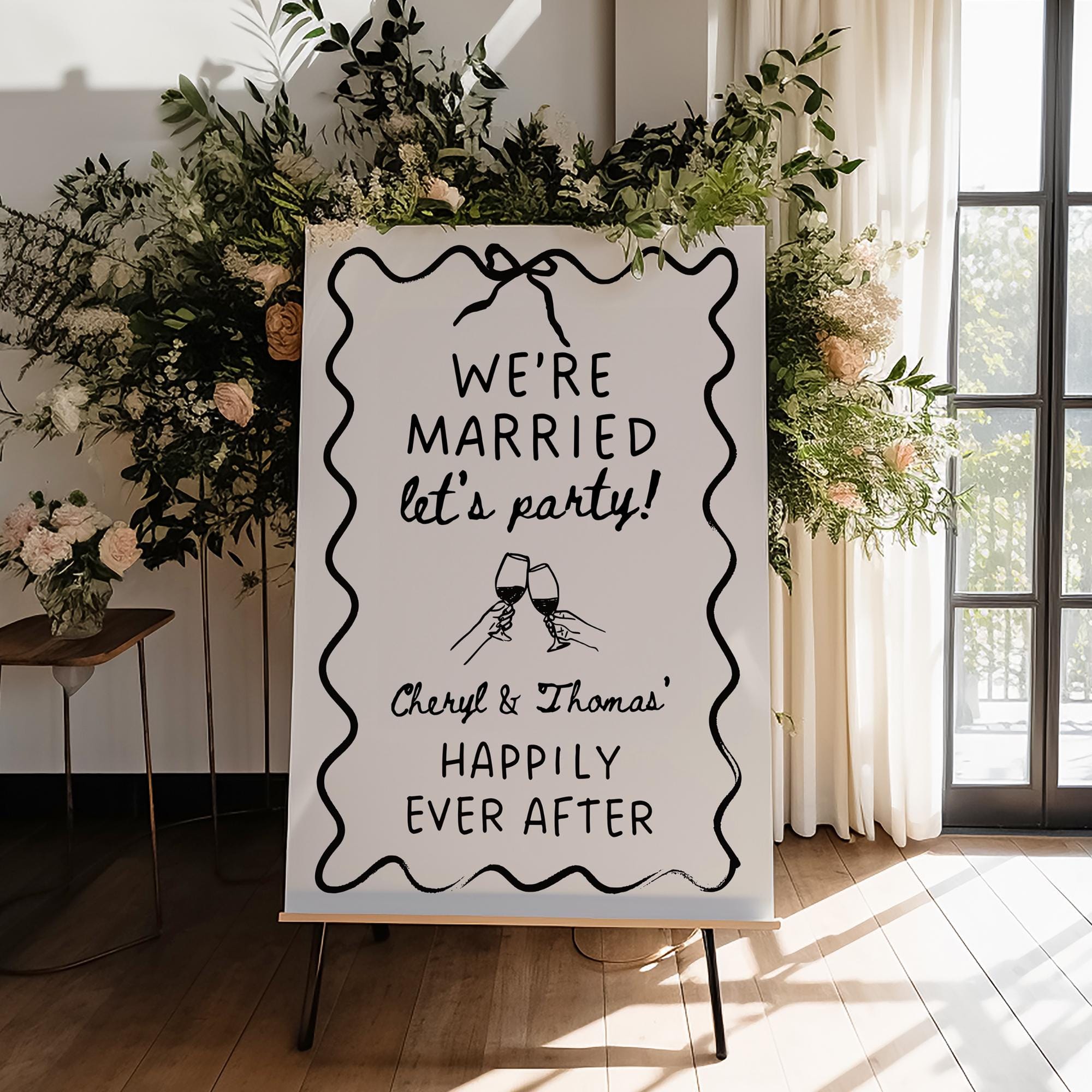 Wavy Engagement Party Welcome Sign – Whimsical Hand-Drawn Wedding Sign Canva Template