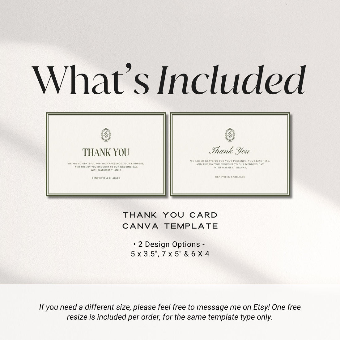 Old Money Olive Green Thank You Card Printable – Elegant Classic Wedding Thank You – Editable Canva Template