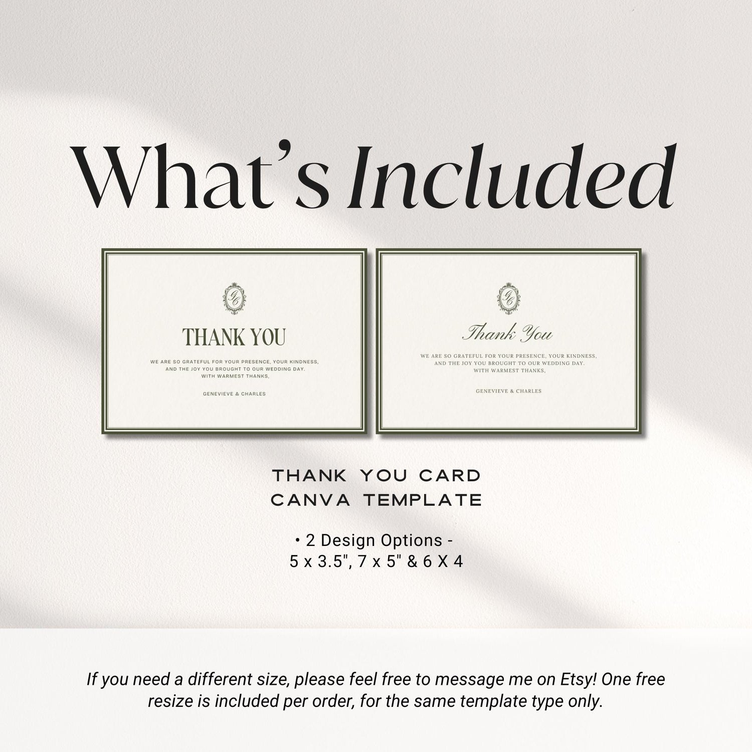 Old Money Olive Green Thank You Card Printable – Elegant Classic Wedding Thank You – Editable Canva Template