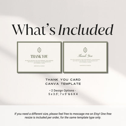 Old Money Olive Green Thank You Card Printable – Elegant Classic Wedding Thank You – Editable Canva Template