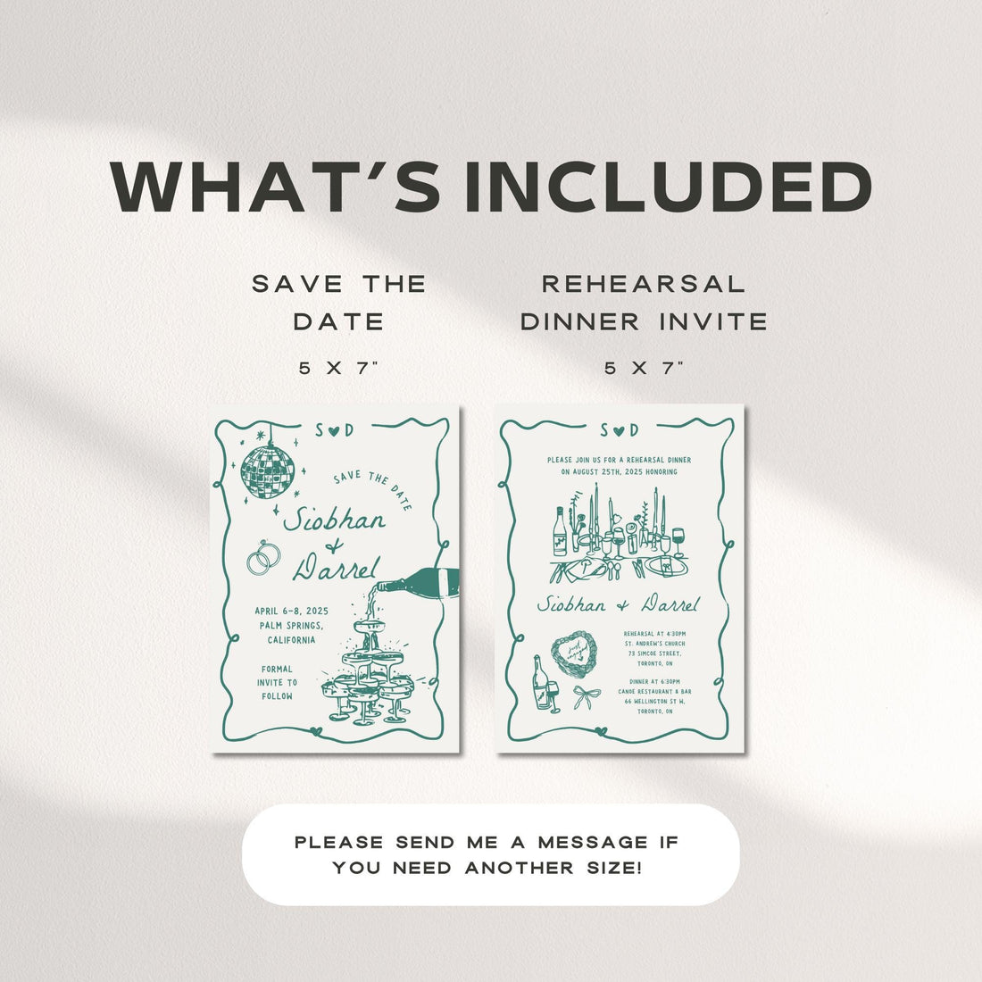 Save The Date &amp; Rehearsal Dinner Invitation Template – Hand-Drawn Wedding Canva Design