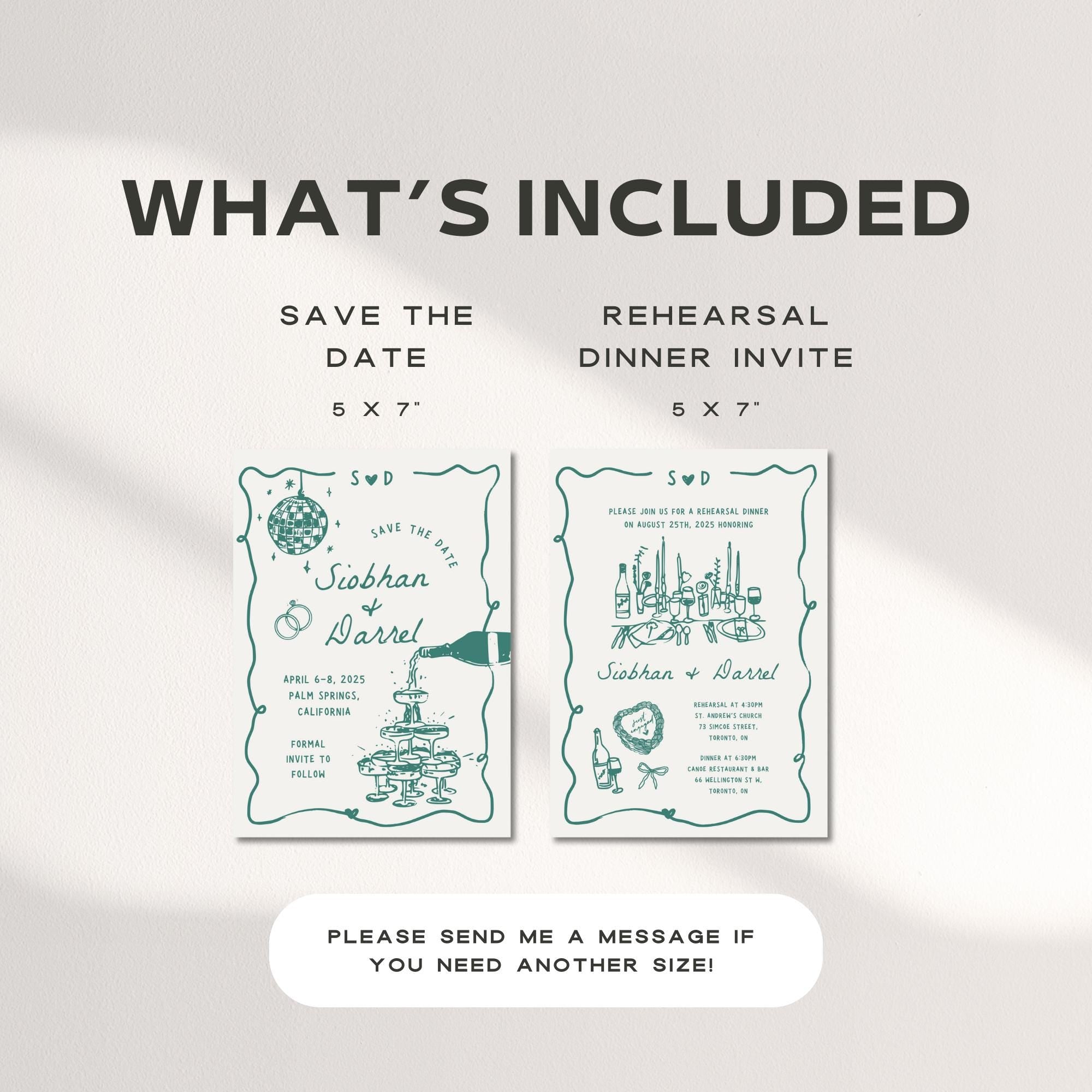 Save The Date &amp; Rehearsal Dinner Invitation Template – Hand-Drawn Wedding Canva Design