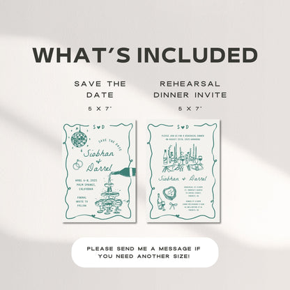 Save The Date &amp; Rehearsal Dinner Invitation Template – Hand-Drawn Wedding Canva Design