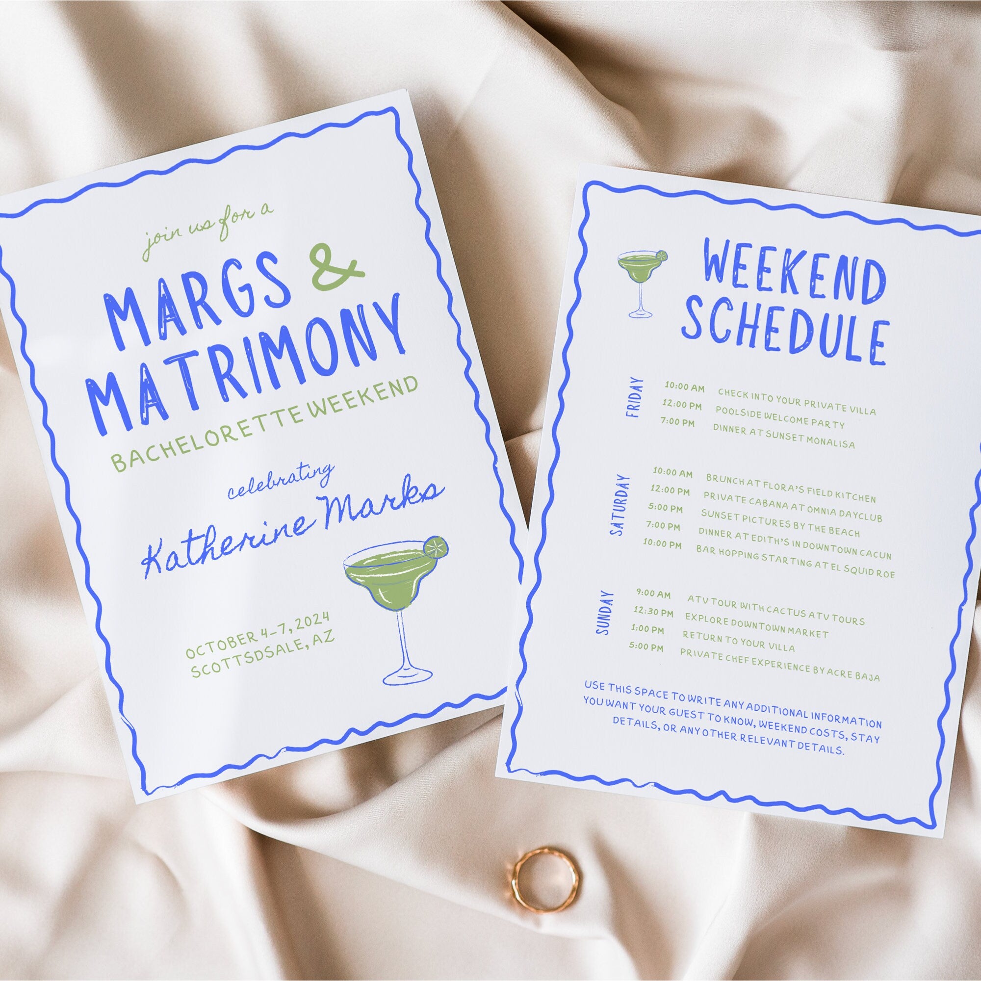 Wavy Margs and Matrimony Bachelorette Invitation &amp; Itinerary – Editable Canva Template