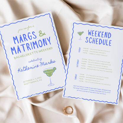 Wavy Margs and Matrimony Bachelorette Invitation &amp; Itinerary – Editable Canva Template