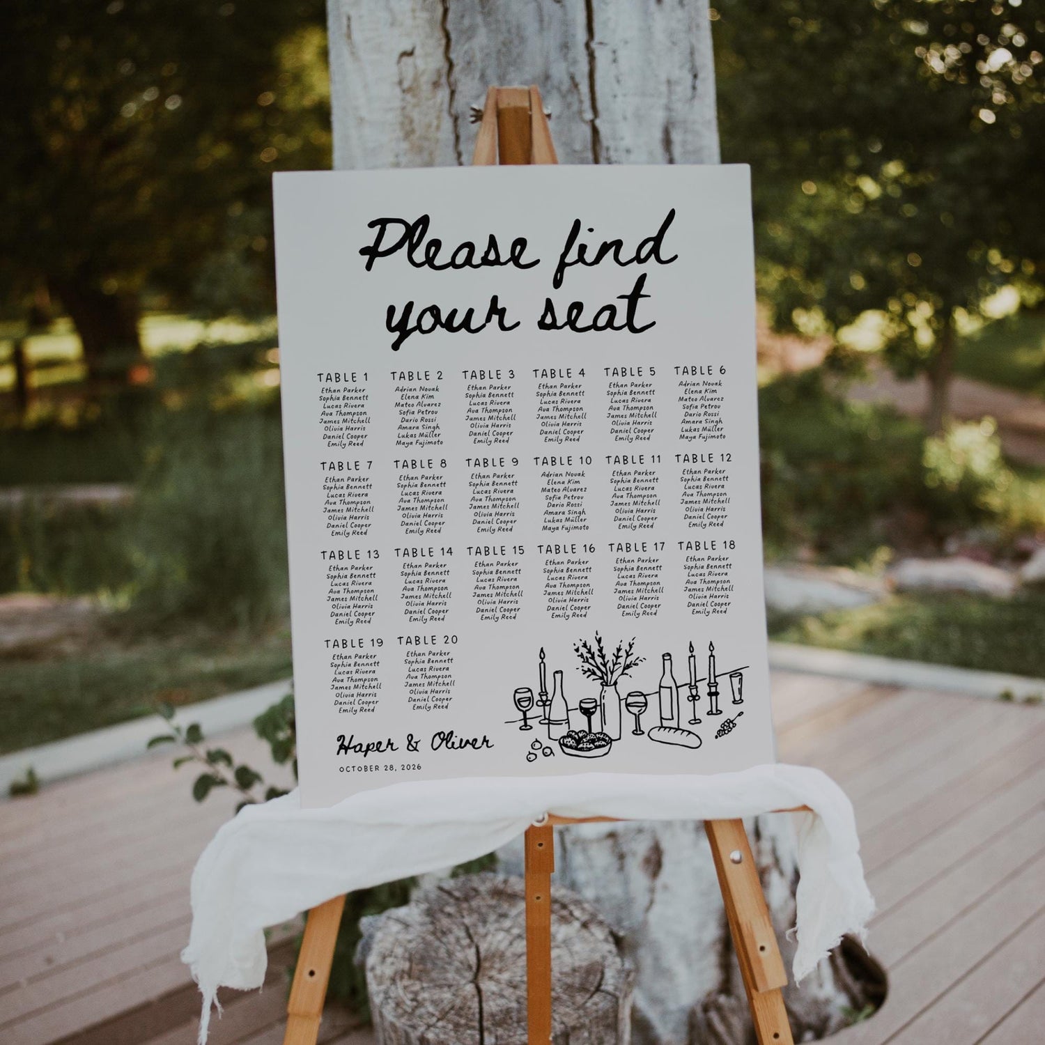 Whimsical Wedding Seating Chart Template – Hand-Drawn Editable Table Layout Canva Sign