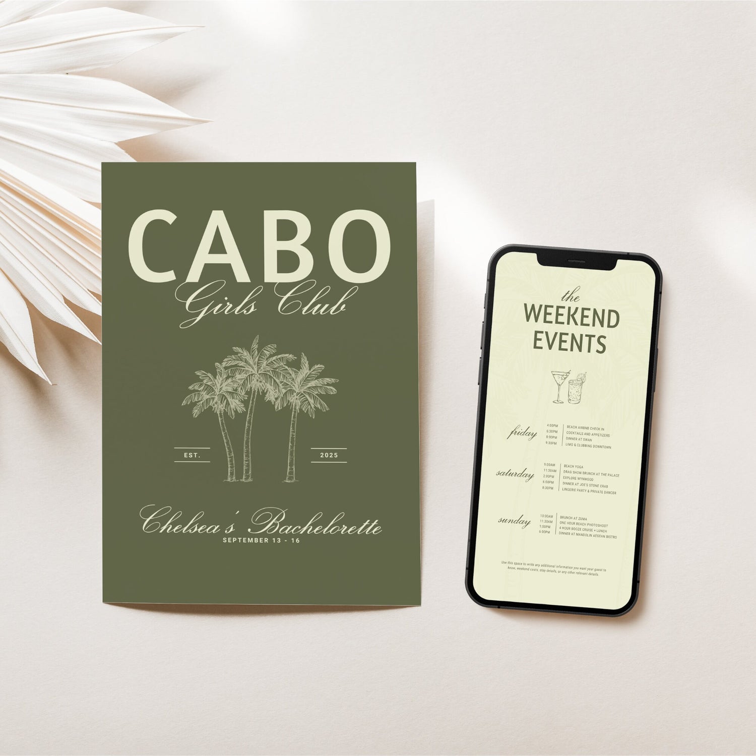 Cabo Bachelorette Invitation &amp; Weekend Itinerary – Mexico Girls Trip Canva Template