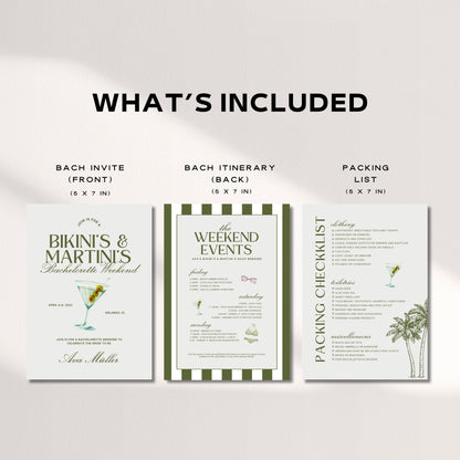 Bikinis and Martinis Bachelorette Party Itinerary Template, Beach Girls Trip Invitation, Editable Canva Travel Itinerary &amp; Packing List