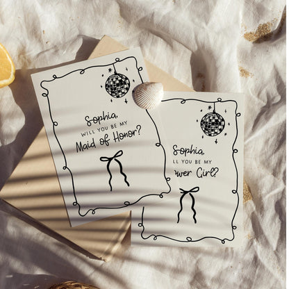 Whimsical Bridesmaid Proposal Card Template – Hand-Drawn Bow Bridal Party Cards