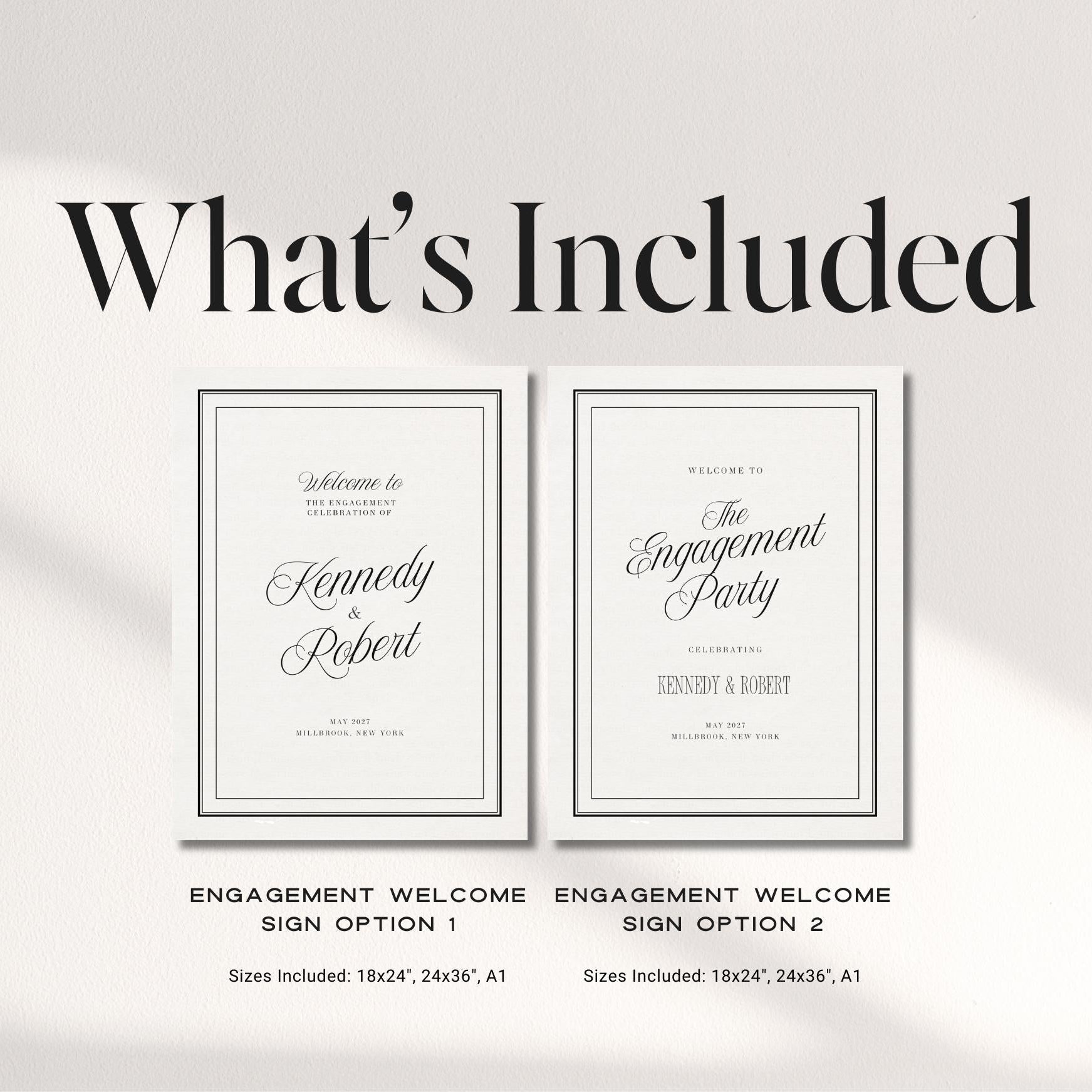 Black &amp; Ivory Engagement Party Welcome Sign | Elegant Canva Template