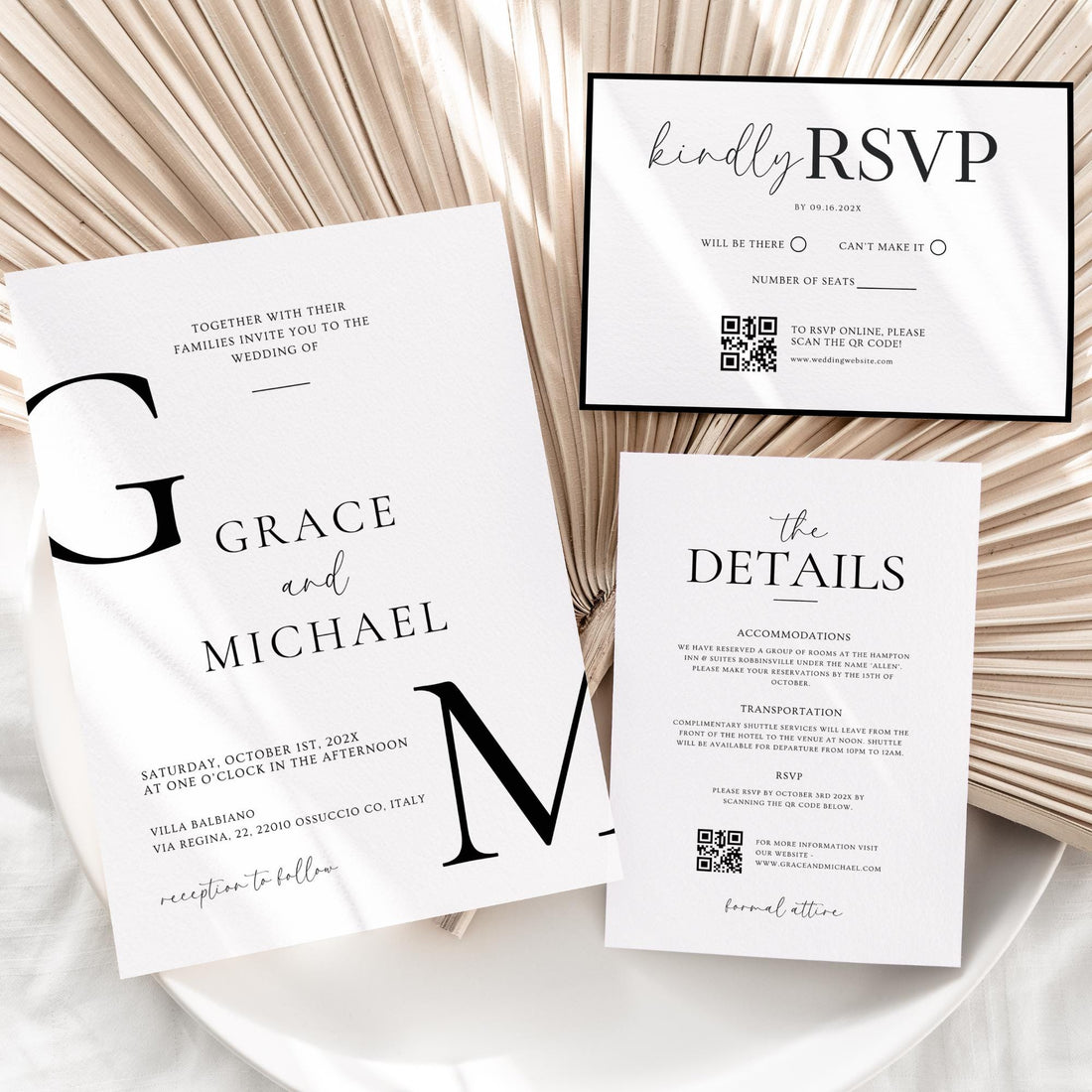 Classy Black &amp; White Wedding Invitation Suite, Editable Formal Invitation, Details Cards, RSVP QR Code, Modern Wedding Invite Canva Template