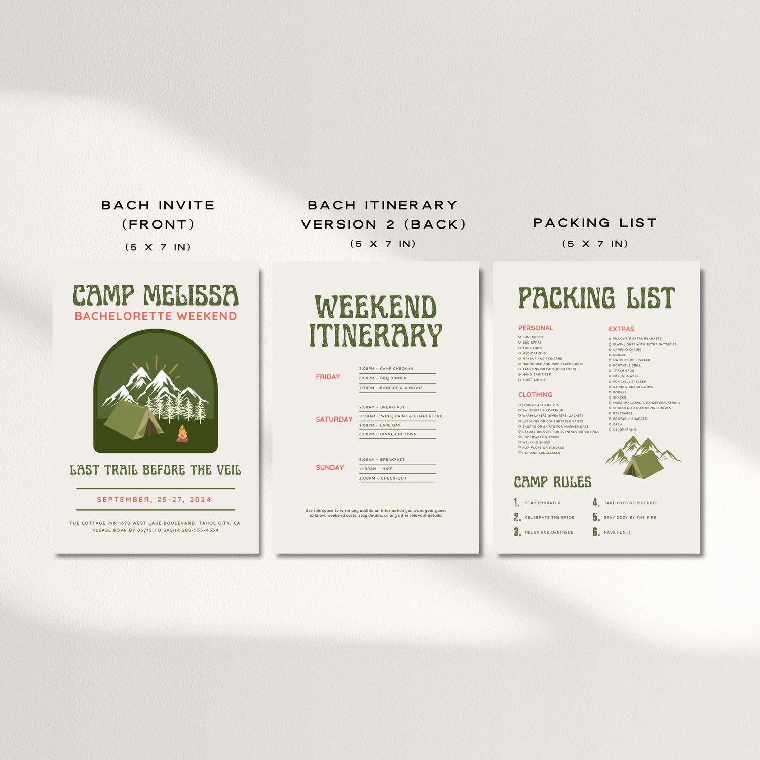 Camp Bachelorette Party Invitation, Itinerary &amp; Packing List Template | Last Trail Before the Veil | Girls Trip Weekend | Camping Bachelorette Printable